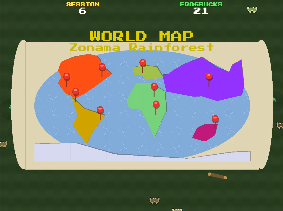 The "World Map" for the "Frog Up!" game, featuring pins to select for each map location, based on real-world locations.