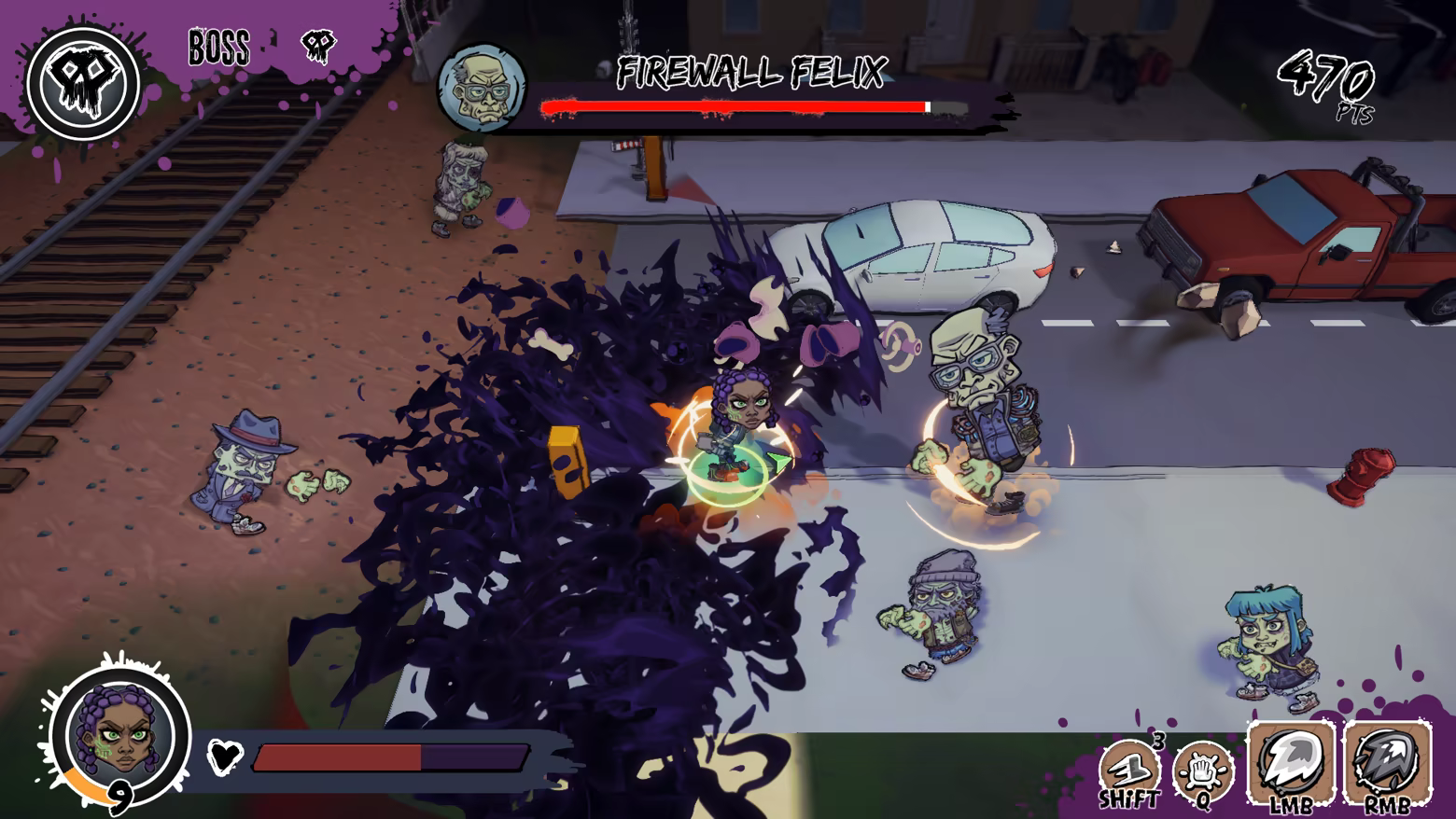 Hacker Harriet, a black female internet warrior is casting a powerful purple spell to try and defeat her personalised boss, Firewall Felix, in the final demo scene in You vs Zombies