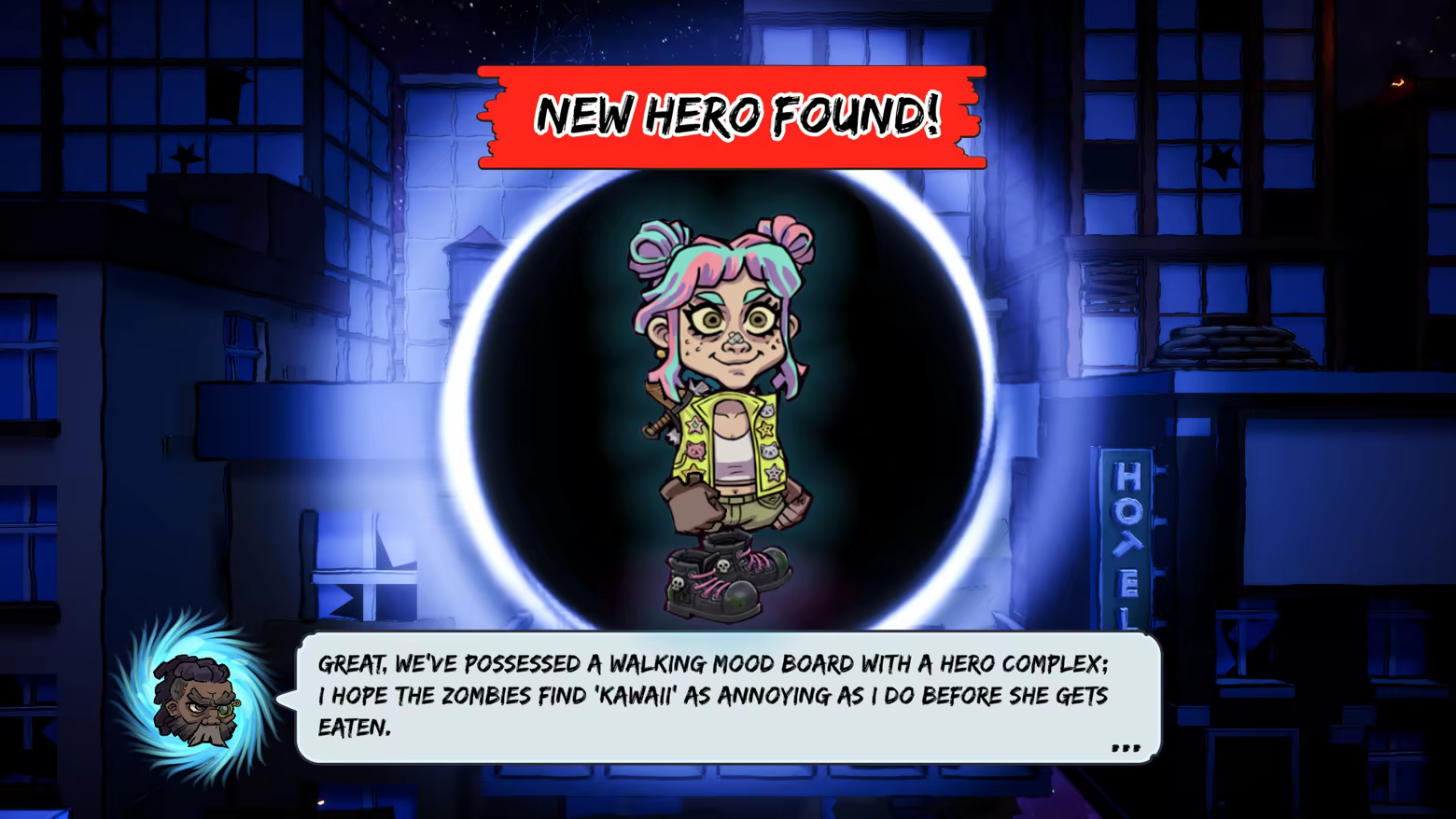 The blue glowing circle showcases our AI Ritual, with a new hero being a young Kawaii loving female with pink and blue pigtails, a bright yellow jacket with cute animal patches, and zombies stomping boots. We like her chances in the You vs Zombies demo