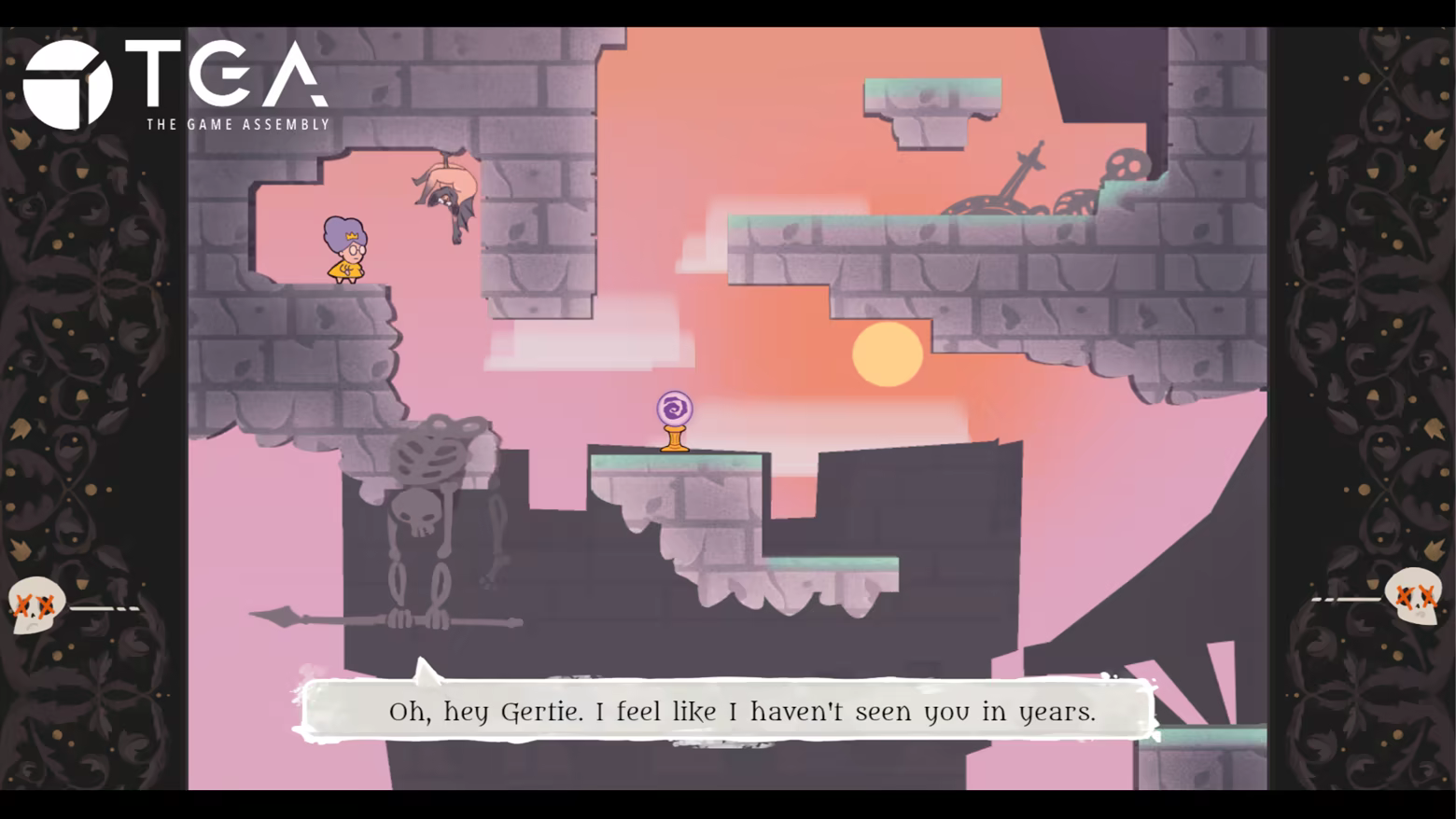 Game screenshot of Gertie talking to an NPC bat during the sunset.