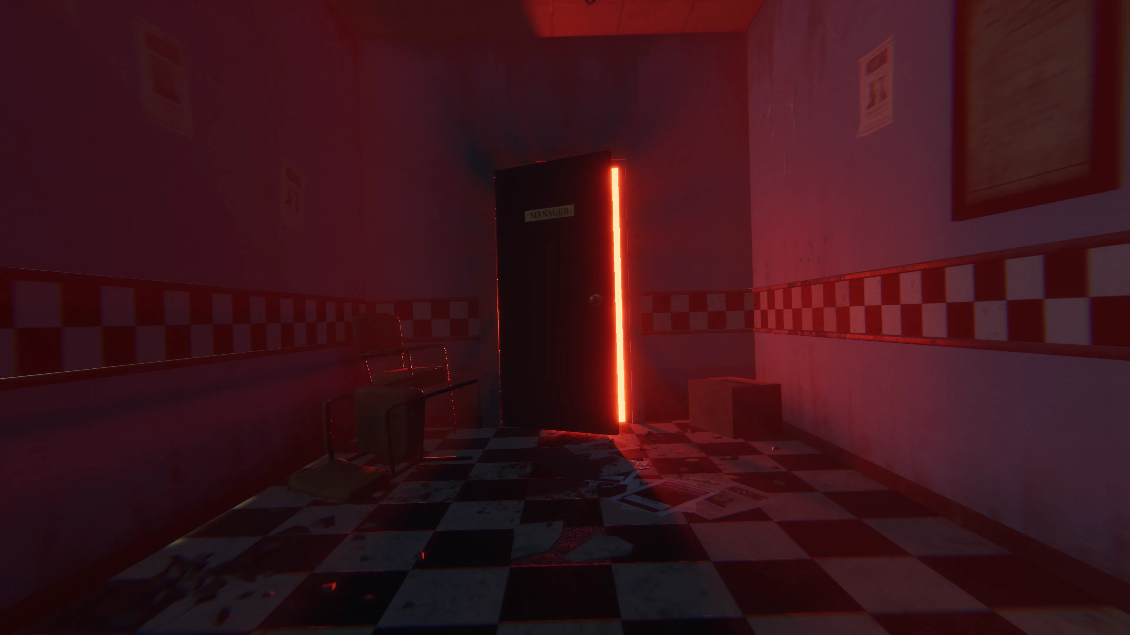 A long hallway with a door slightly ajar with a red glow