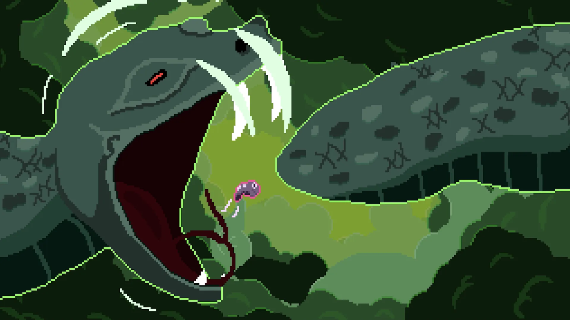 A World Serpent attempts to bite a tiny purple creature.