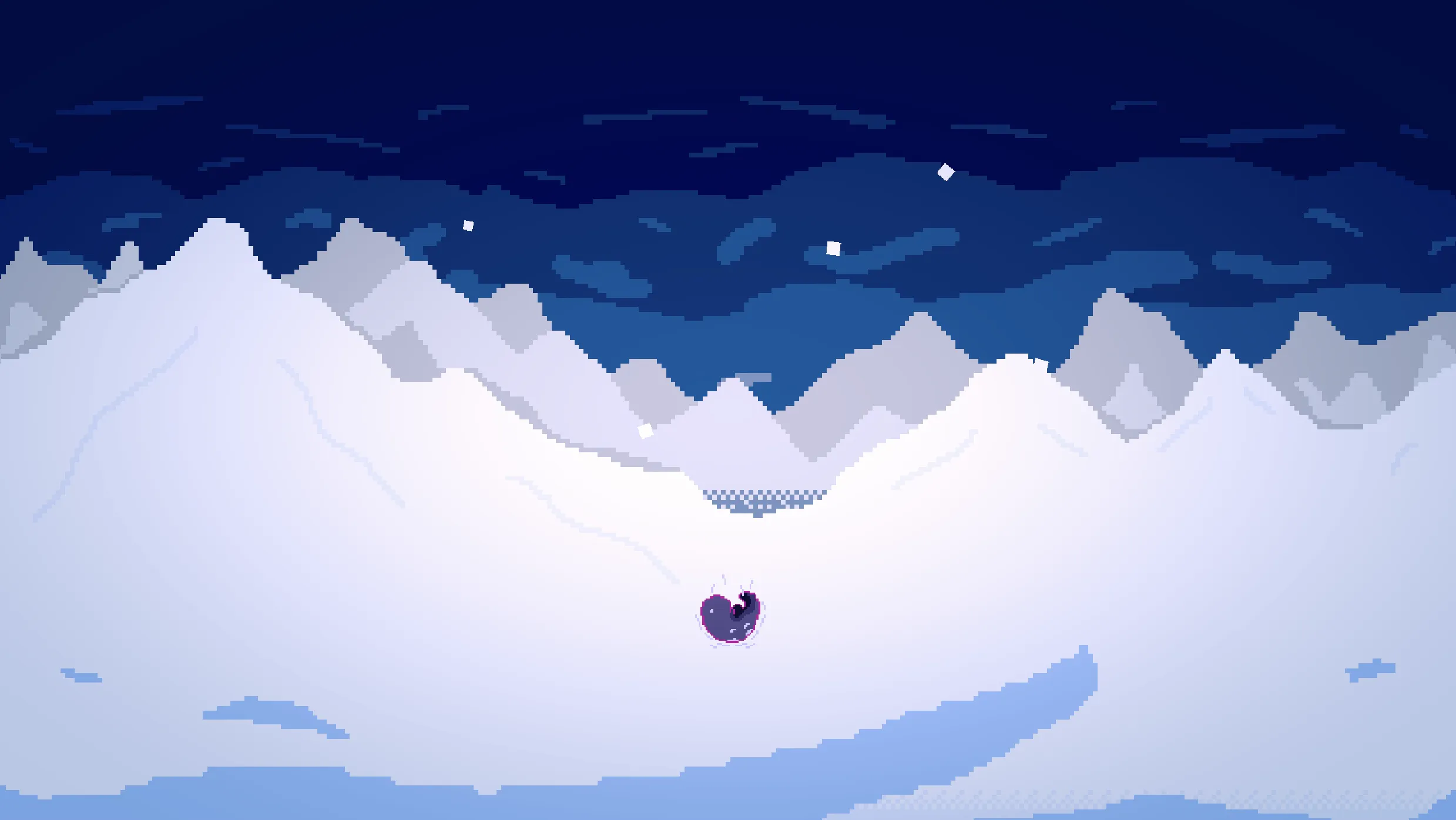 A tiny purple creature falling from the sky.