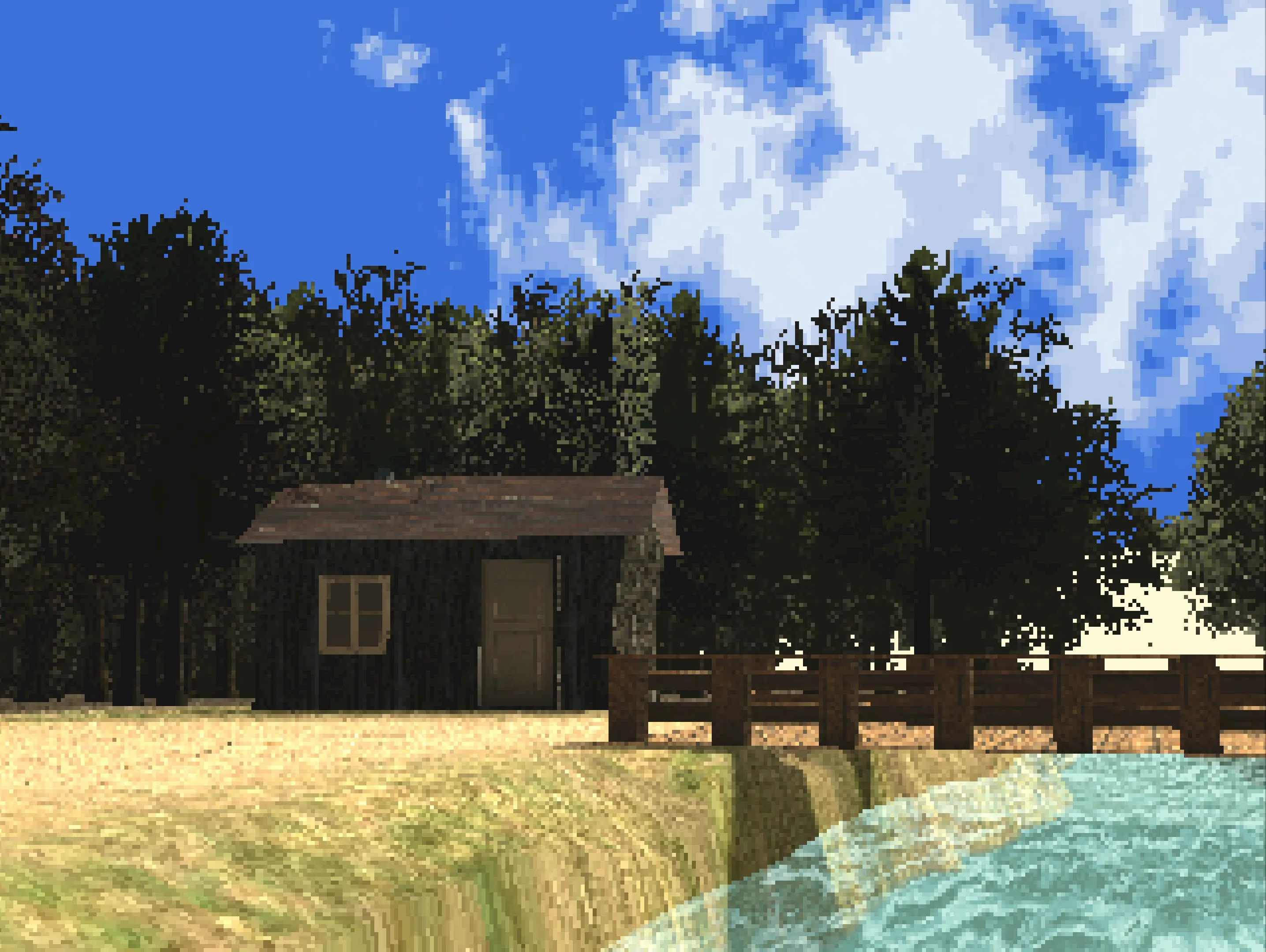 A picture of a wooden shack neighbouring a river