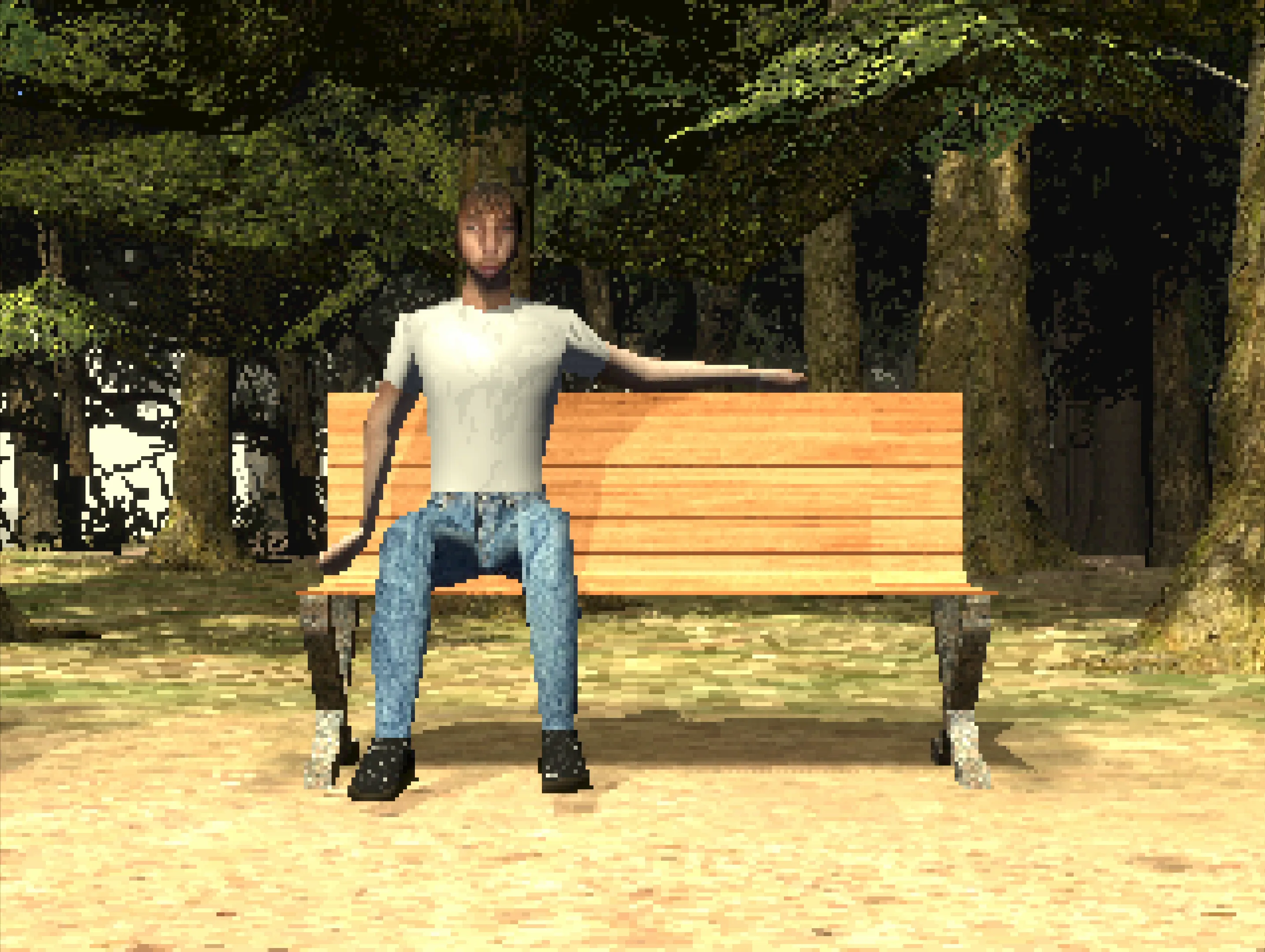 A picture of the player character sat on a bench