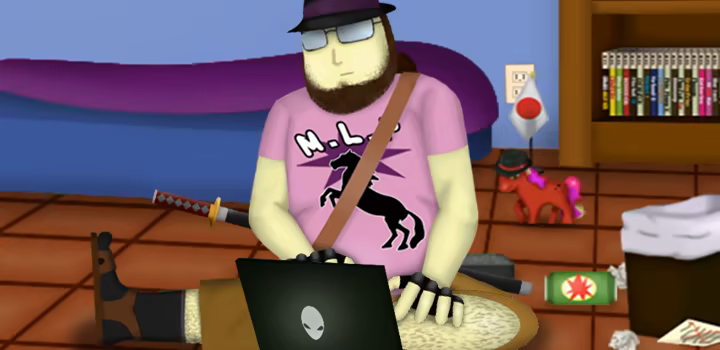 Neckbeard on his laptop in his bedroom