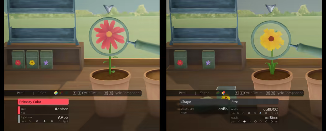 A magnifying glass is over a red and yellow flower displaying the traits of each flower.