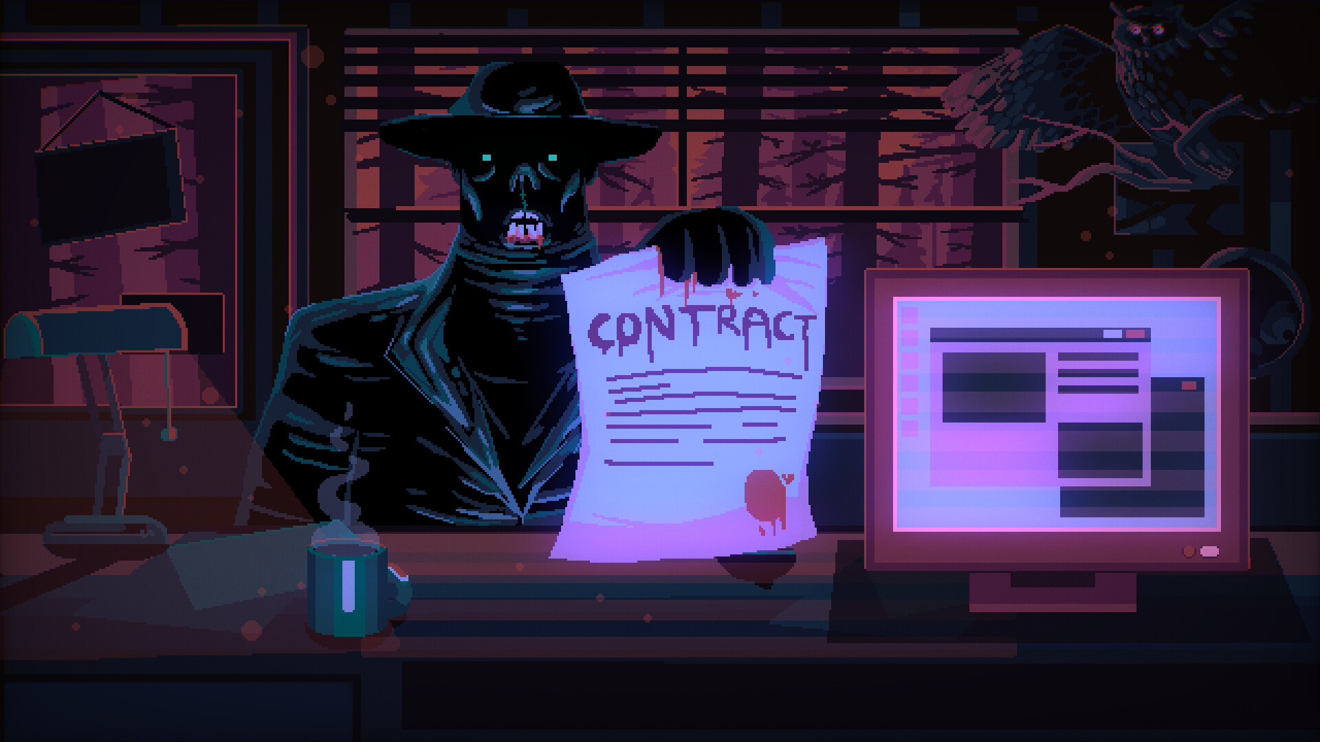 『Hotel Is Hungry』公式スクリーンショット。帽子をかぶった黒い人型の怪物がフロントデスク越しに「CONTRACT」と書かれた契約書を差し出している