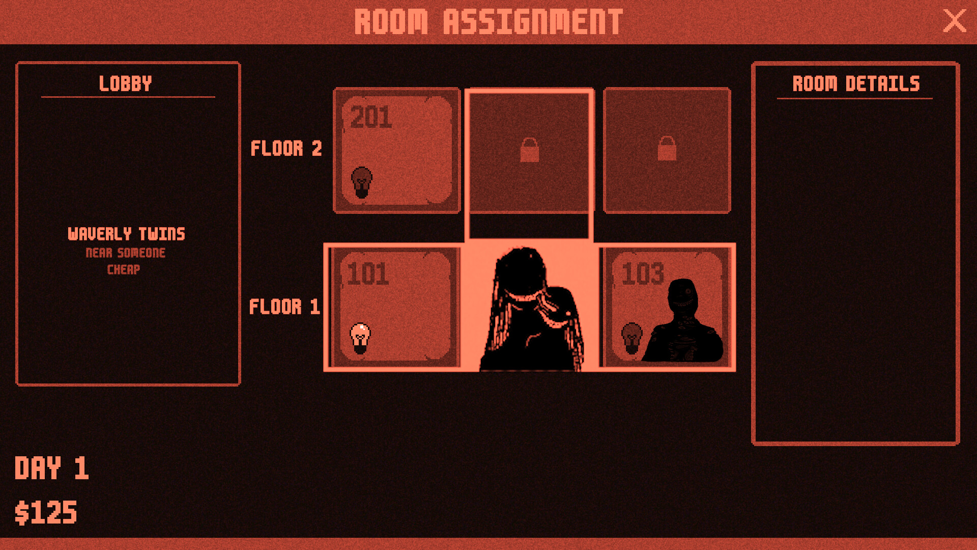 『Hotel Is Hungry』公式スクリーンショット。「ROOM ASSIGNMENT」画面。ロビーに宿泊客カード「WAVERLY TWINS」が並び、1階・2階の部屋へ割り当てる操作画面。1日目・所持金125ドルの表示がある