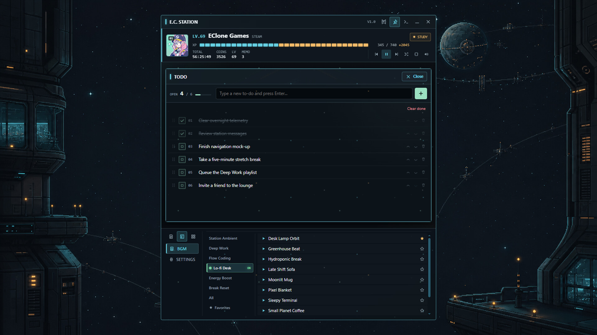 『EClone Station』のTODOリスト画面。別ウィンドウでタスクが一覧表示されている