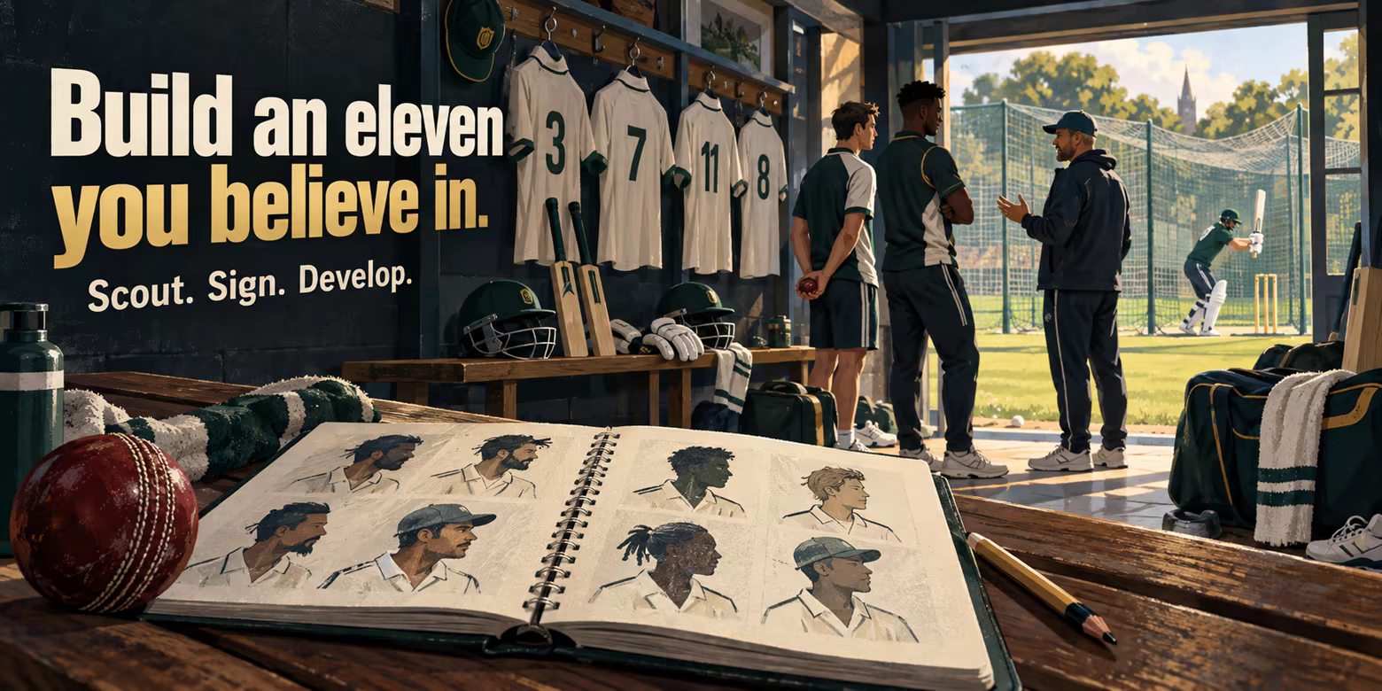 An illustrated cricket dressing room with a scouting notebook, players, and an academy practice ground. Build an eleven you believe in. Scout. Sign. Develop.