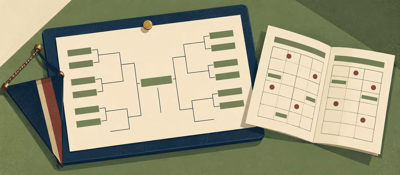 Editorial illustration of a paper competition draw, a fixture calendar and a cloth club pennant.
