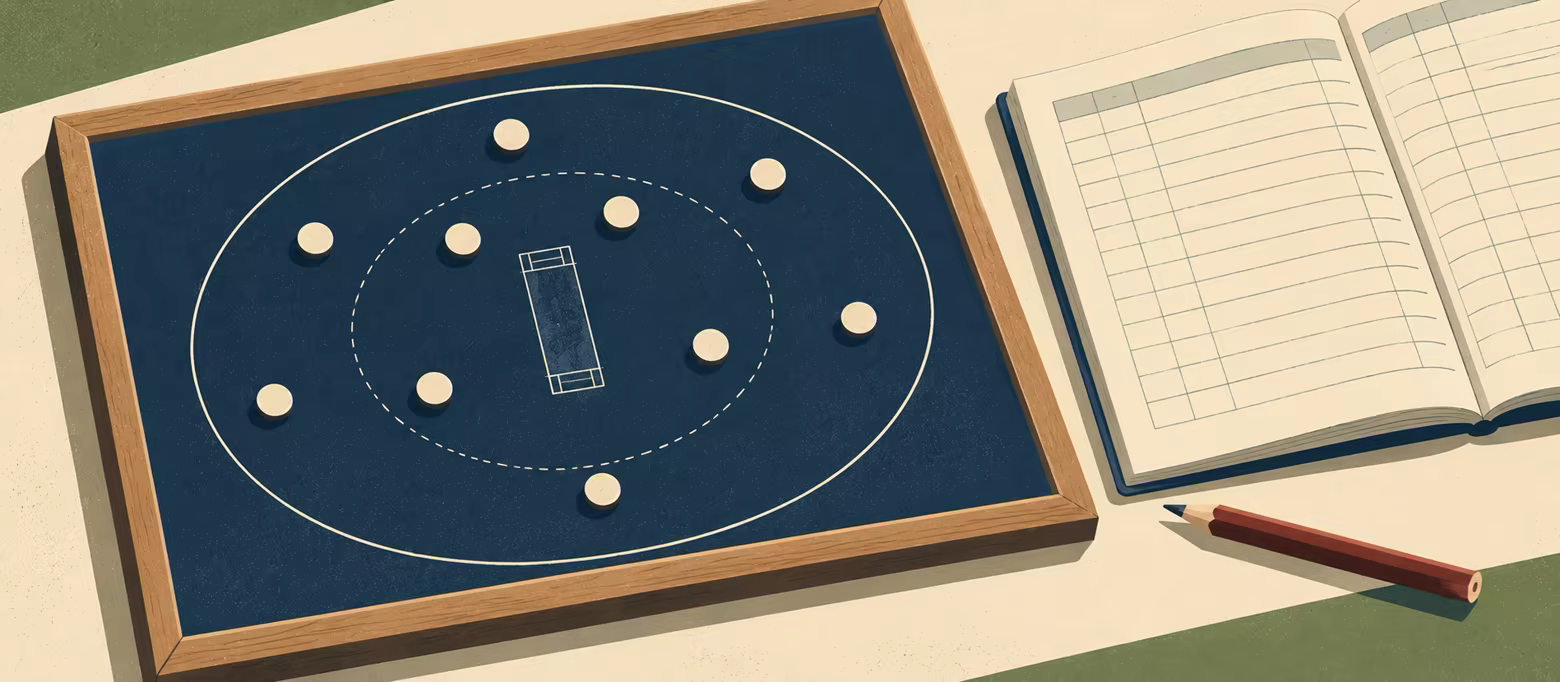 Illustration of a physical tactics board with circular counters and a schematic cricket oval, beside a ruled paper scorebook.