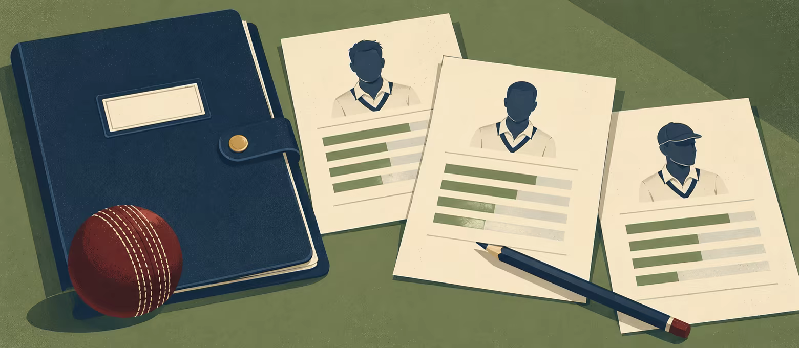 Illustrated scouting folder and three player-report sheets with anonymous silhouettes and ability bars, beside a cricket ball and pencil.