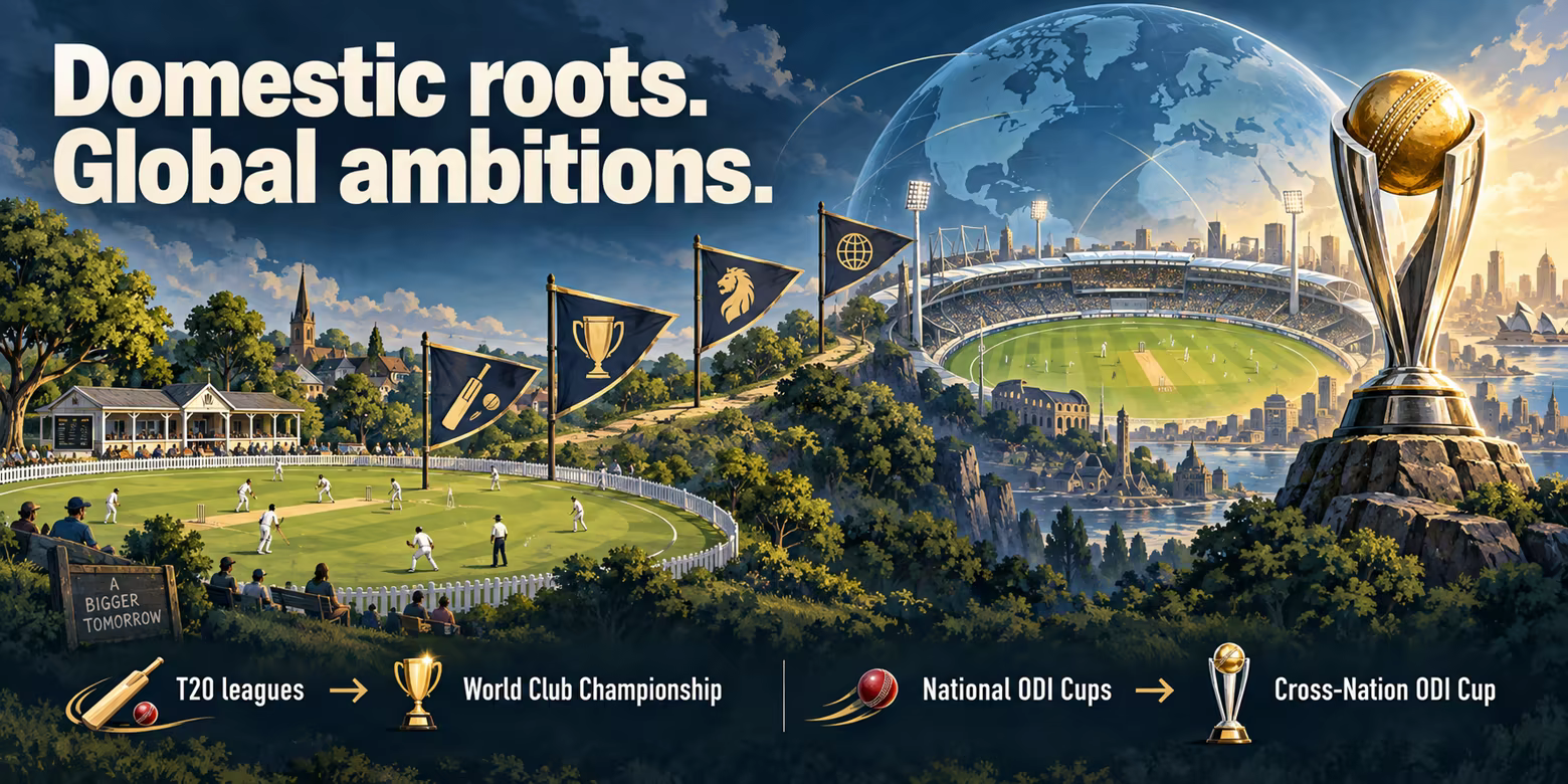 An illustrated journey from a local cricket ground to an international stadium and trophy. Domestic roots. Global ambitions. T20 leagues lead to the World Club Championship; National ODI Cups lead to the Cross-Nation ODI Cup.