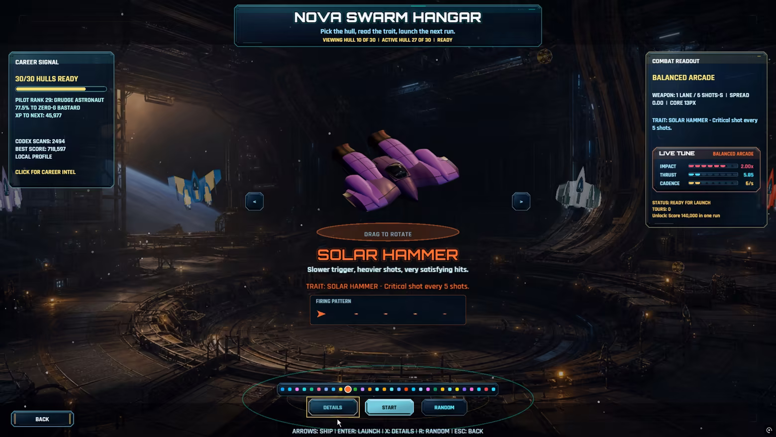 Solar Hammer displayed in Nova Swarm’s current ship hangar, with its weapon trait, combat stats, and 30-ship selection strip.