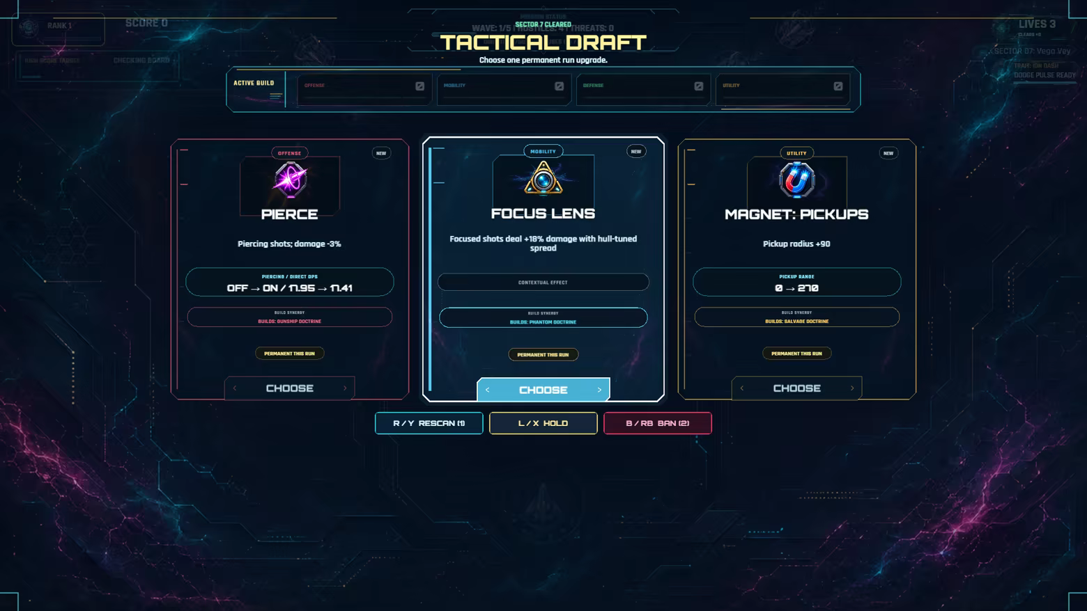 Tactical Draft screen with three permanent run upgrades: Pierce, Focus Lens, and Magnet: Pickups, plus one rescan.