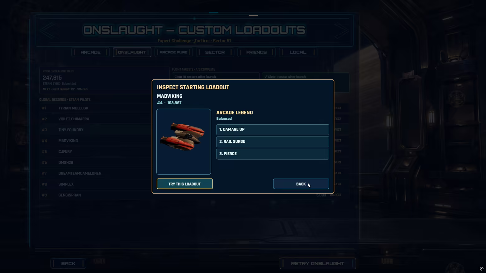 Onslaught starting-loadout inspection showing the Arcade Legend ship and three upgrades: Damage Up, Rail Surge, and Pierce.