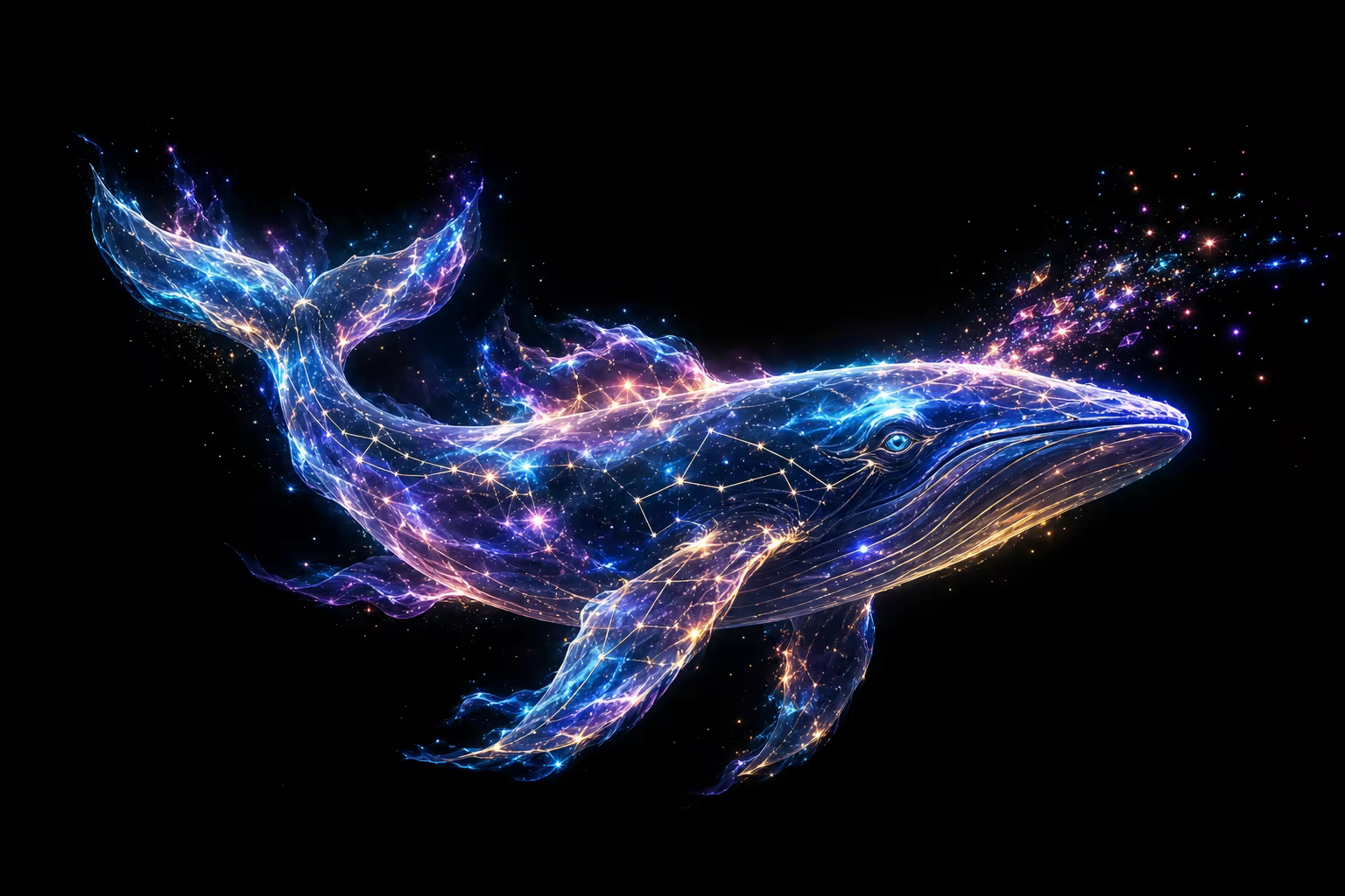 Cabinet Wonder: a luminous starwhale constellation drifting through deep space in blue, violet, and gold.