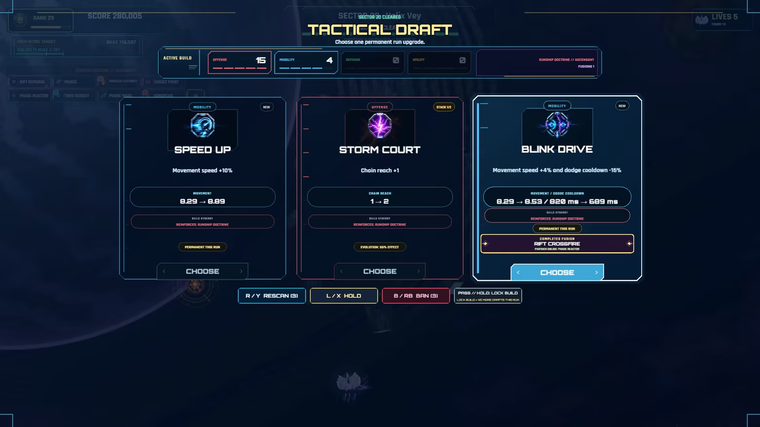 Three upgrade choices after a boss victory; Blink Drive completes the Rift Crossfire Fusion.