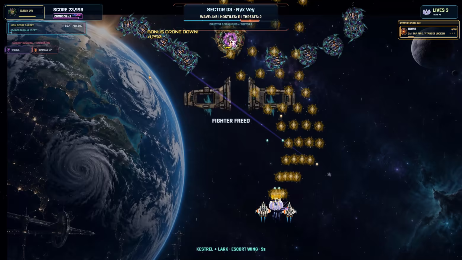 Two rescued fighters escort the player ship beneath empty cages while enemy formations approach.