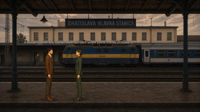 Marek Varga and Eva Svobodova talking on a platform at Bratislava Main Station in 1993.