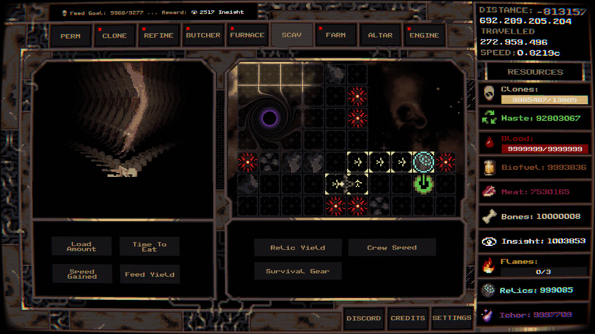 Feed The Vessel — scavenging screen: a debris grid with a black hole, resource readouts down the right side