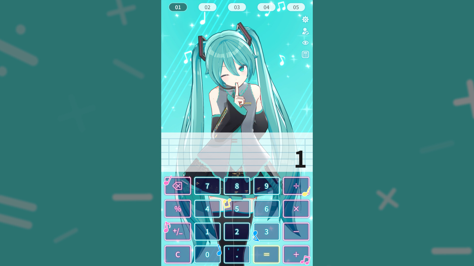 電卓 - Desktop Mate Widgets 公式スクリーンショット 演奏モードで初音ミクが歌声を鳴らす画面