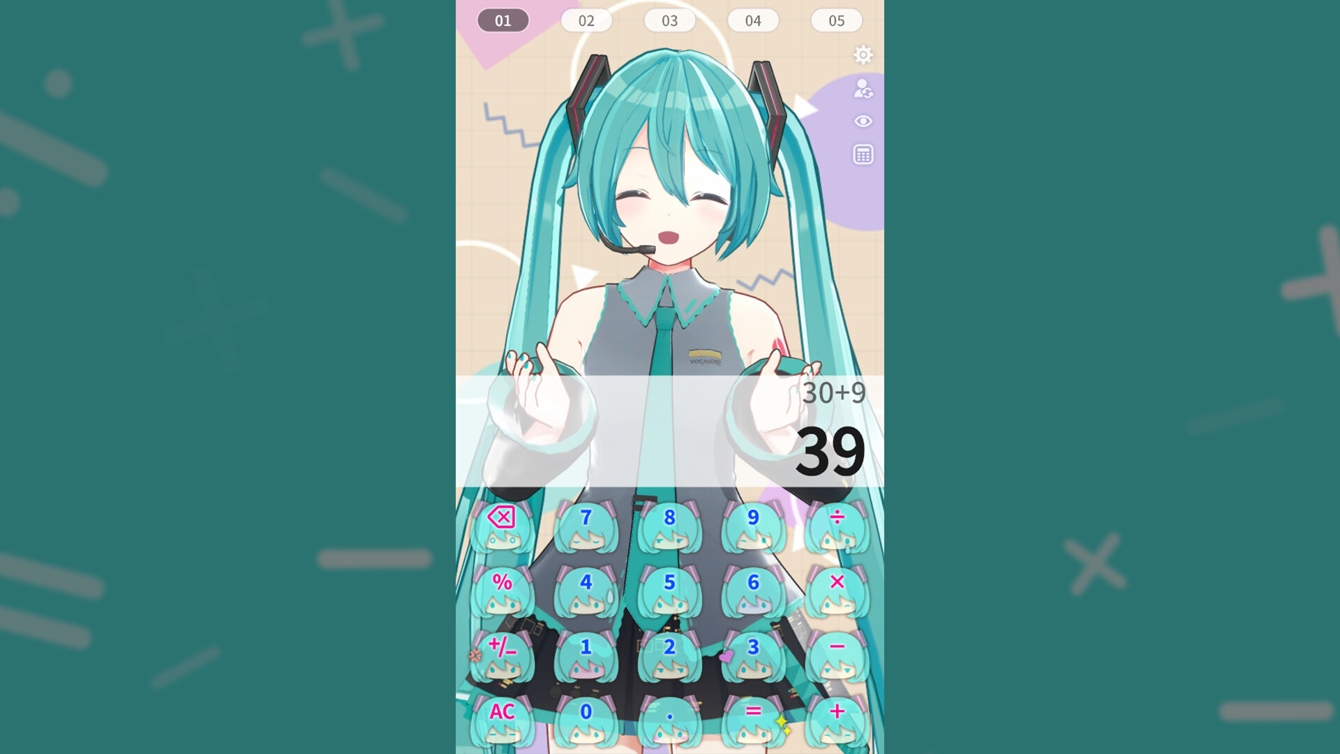 電卓 - Desktop Mate Widgets 公式スクリーンショット 計算結果が39になり初音ミクが喜ぶ特別なリアクション画面