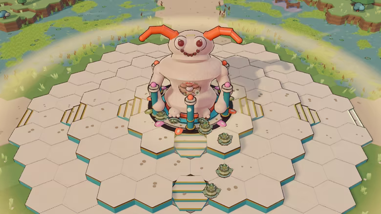 Ymor towers above a group of small troops at the center of the hex battlefield.