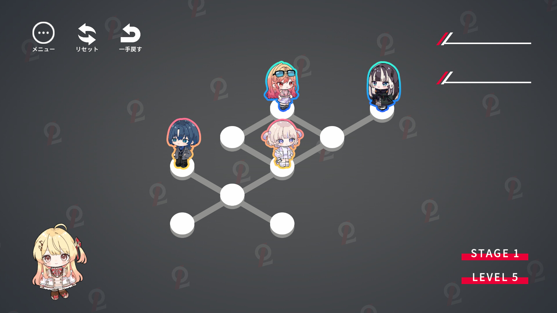 『ReGLOSS: CROSS』のパズル画面。線でつながった丸いマスの上に、2頭身のReGLOSSのメンバー4人が立っている