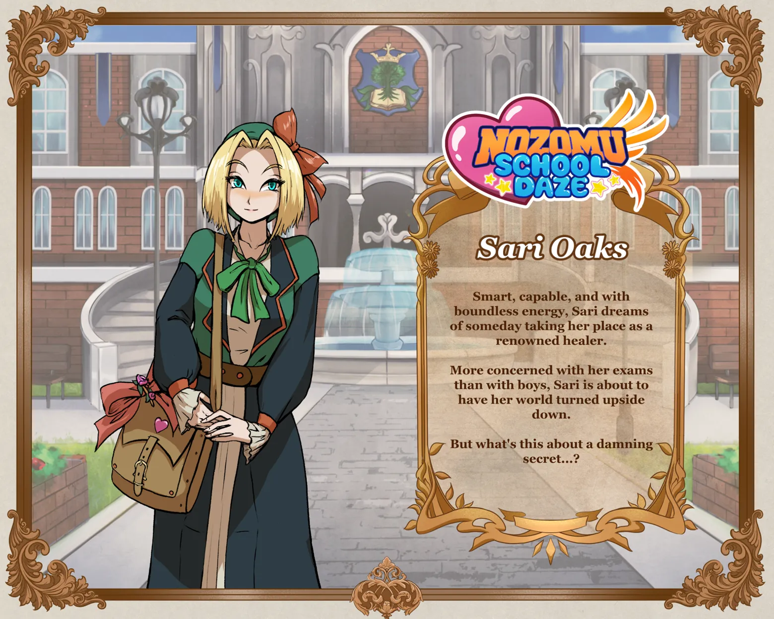 A character bio of Sari, the female main character of Nozomu School Daze. She wears a school uniform and stands in front of a blurred university background.