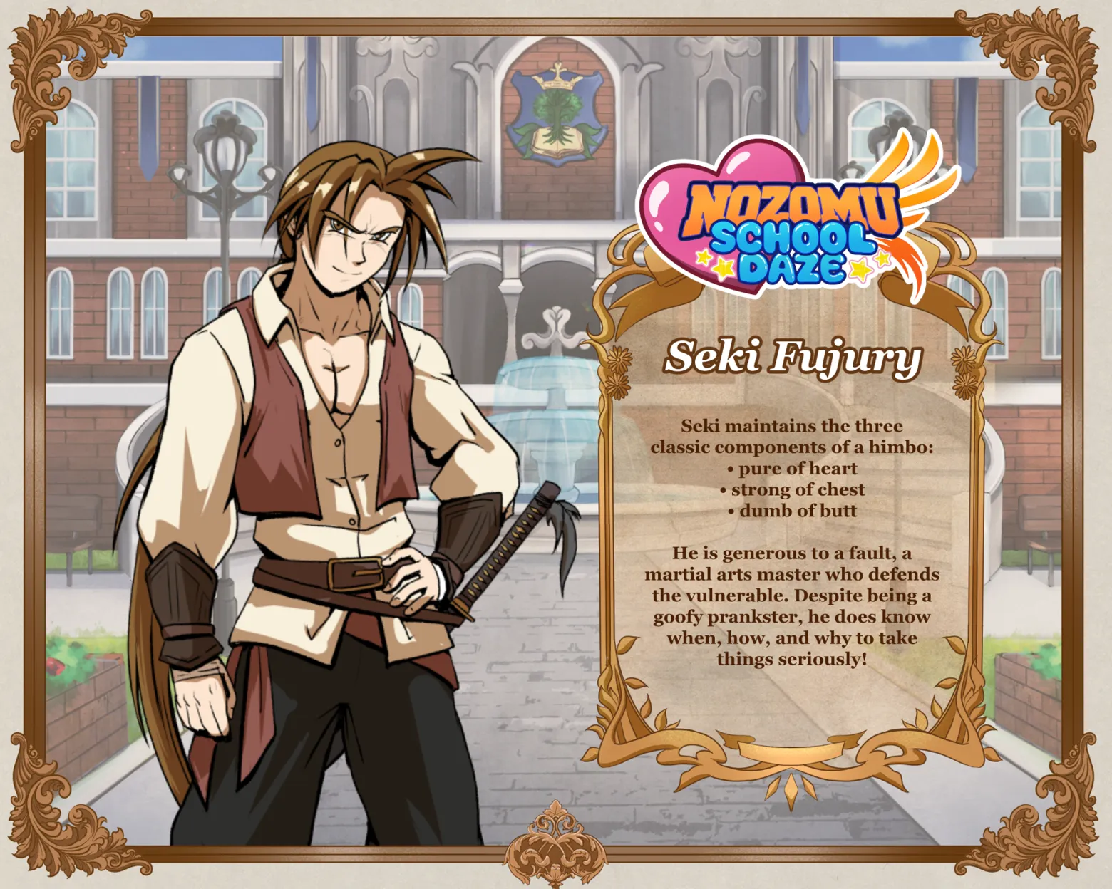 A character bio of Seki, a muscular man with his chest exposed who wears his hair in a long ponytail.