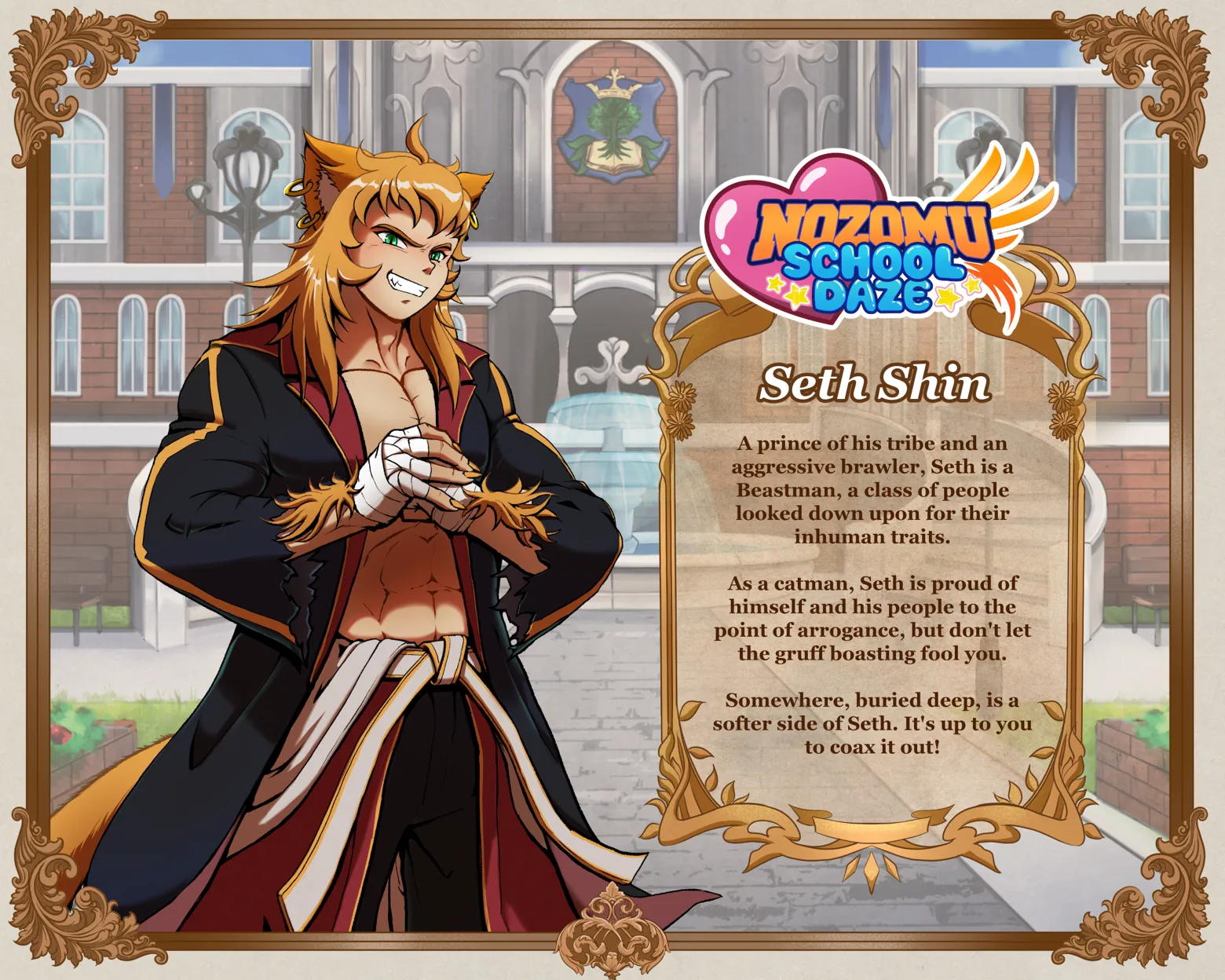 A character bio of Seth, an arrogant cat man and the main antagonist of Nozomu School Daze!