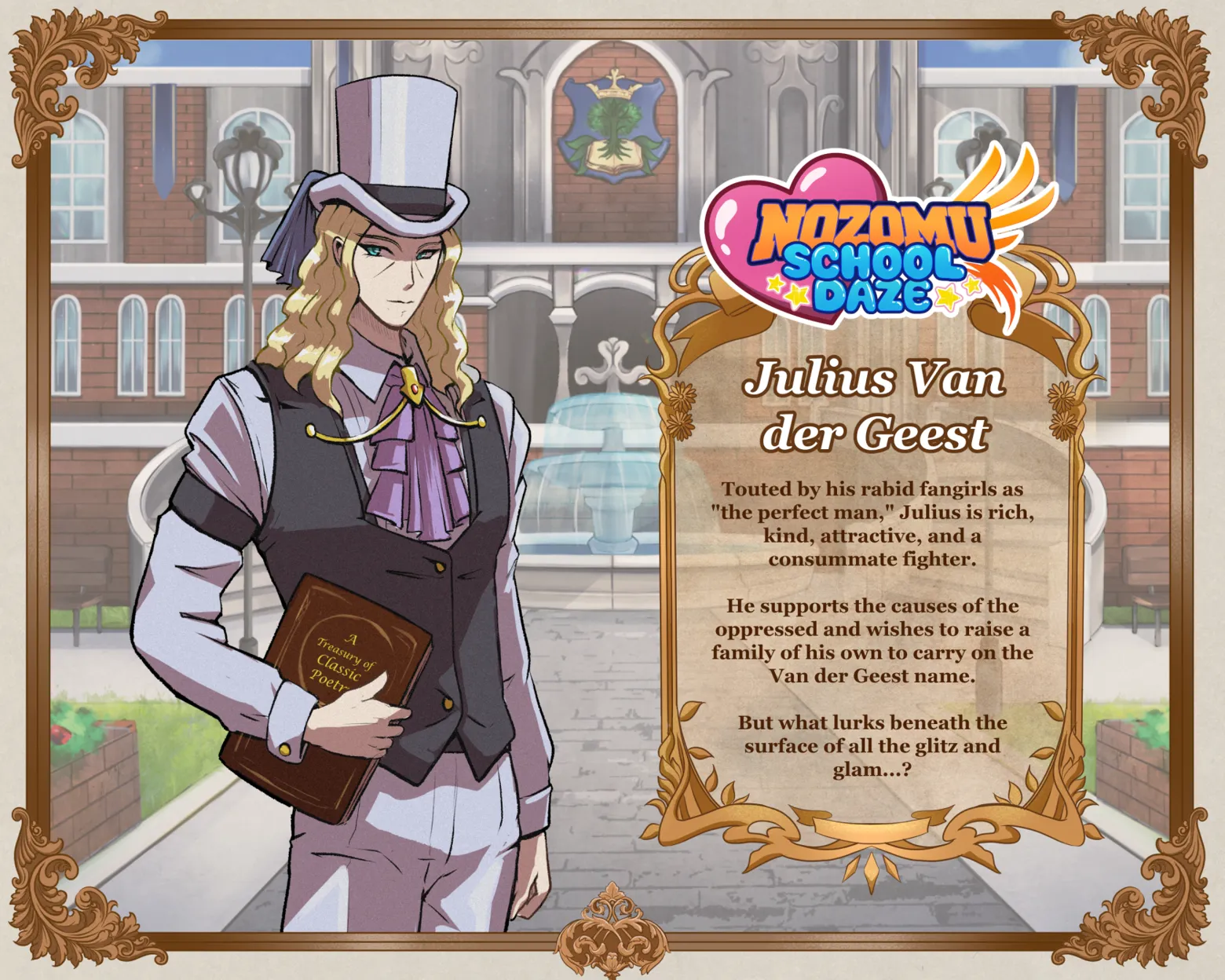 A character bio of Julius, a dapper man who wears a top hat, and is one of the romanceable leads!