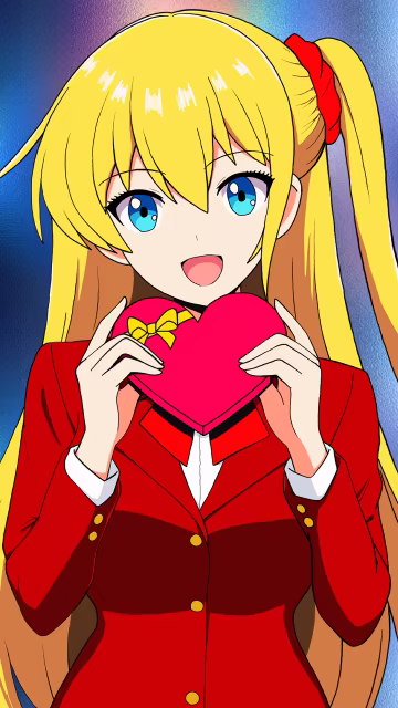 A pale skinned blonde girl with beautiful blue eyes in an anime style holding a heart shaped chocolate box