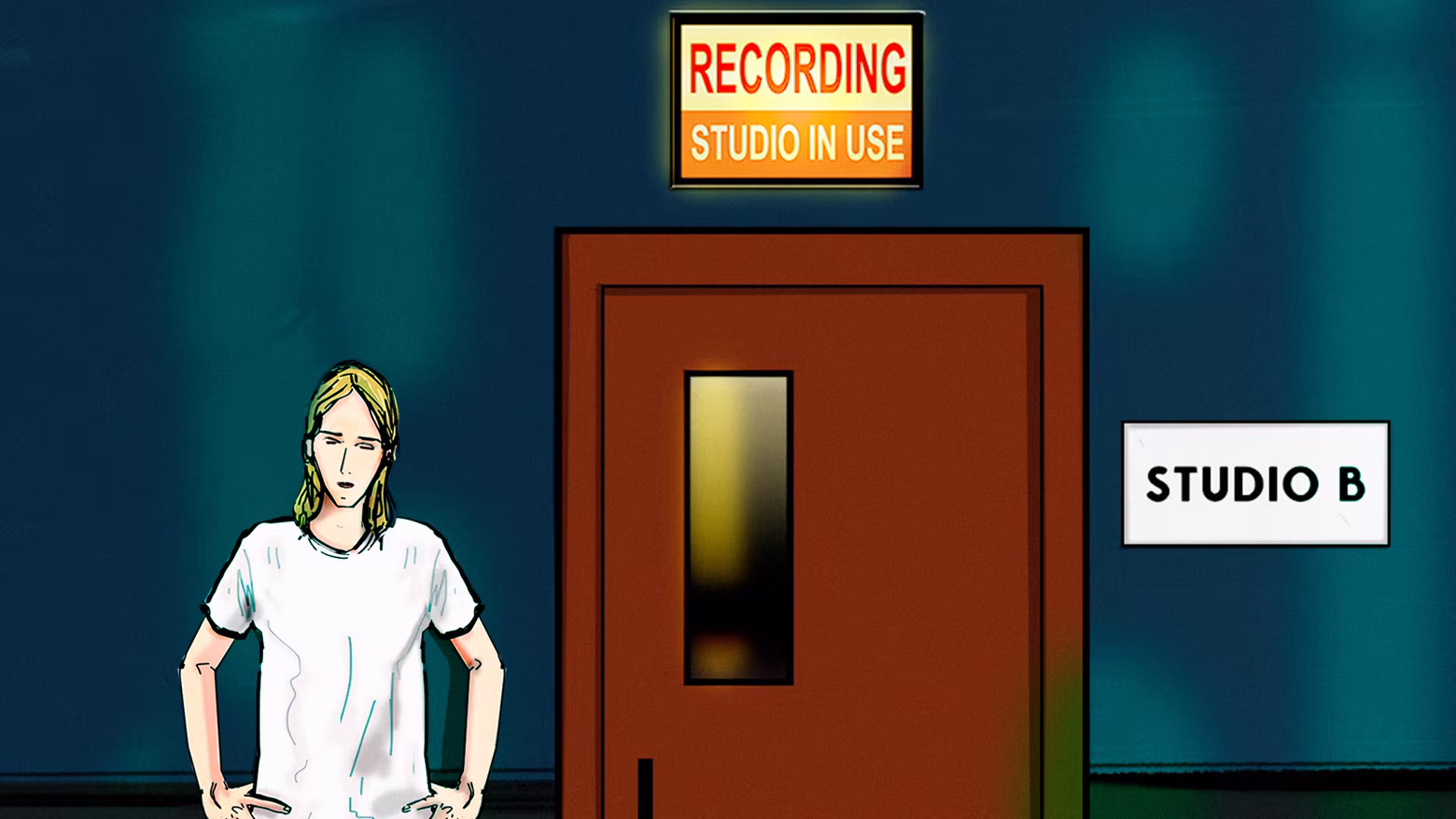 Andy Quinn with his eyes closed next to Studio B door at BigBigSound Studios, Manhattan. The sign on the door reading 'Recording Studio in Use' is on.