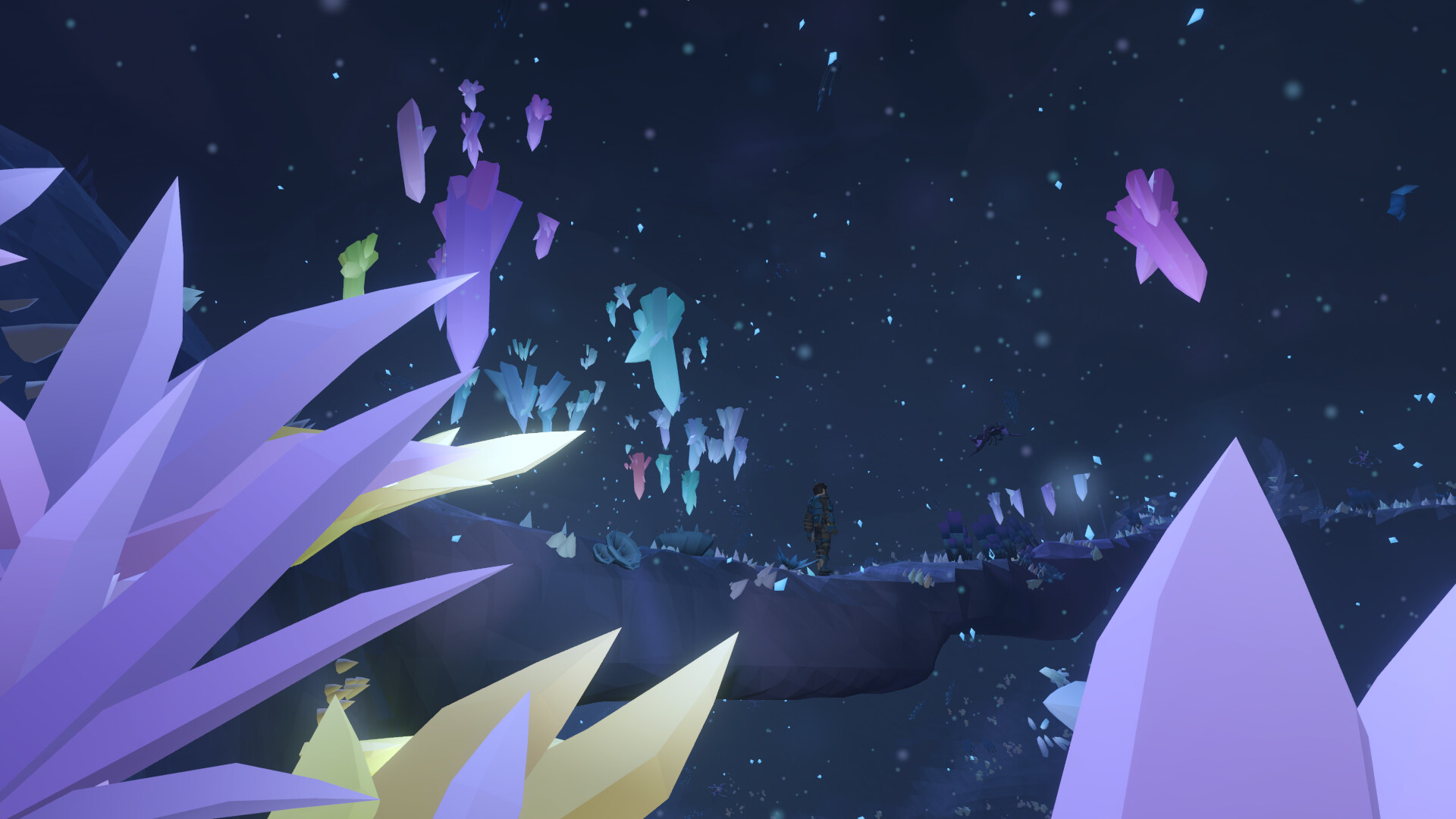 A lone explorer stands amid glowing crystal formations in one of NARON's twenty depths. Image: TIDERAFT.