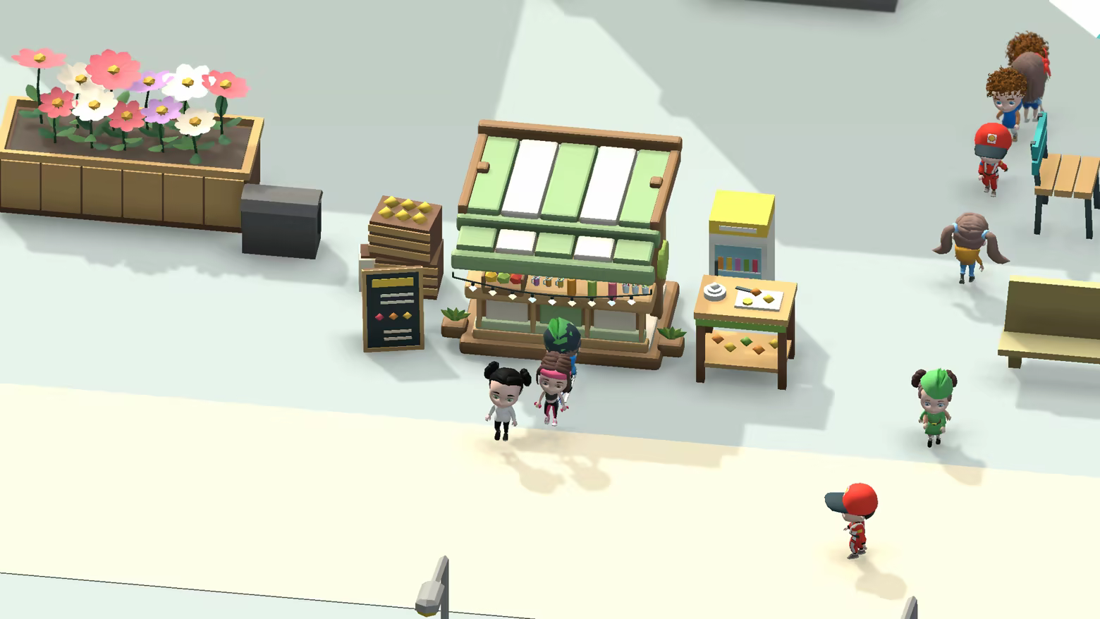 A fully upgraded juice stand with a striped awning, string lights, chalkboard menu, fruit crates, drinks fridge and prep table, with customers waiting at the counter beside a flower planter.