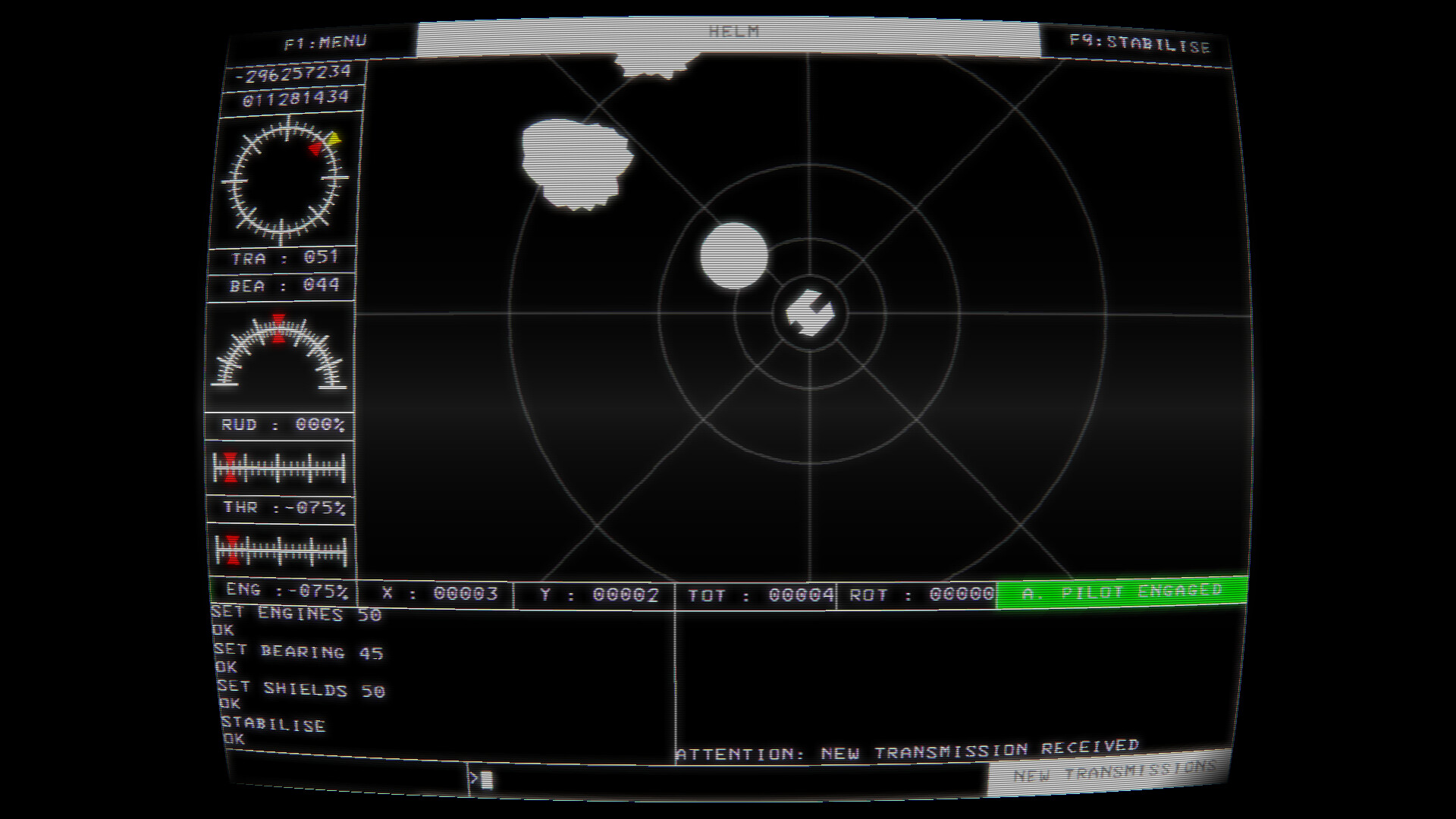 Una schermata di The Astra Protocol, con l'interfaccia testuale retro