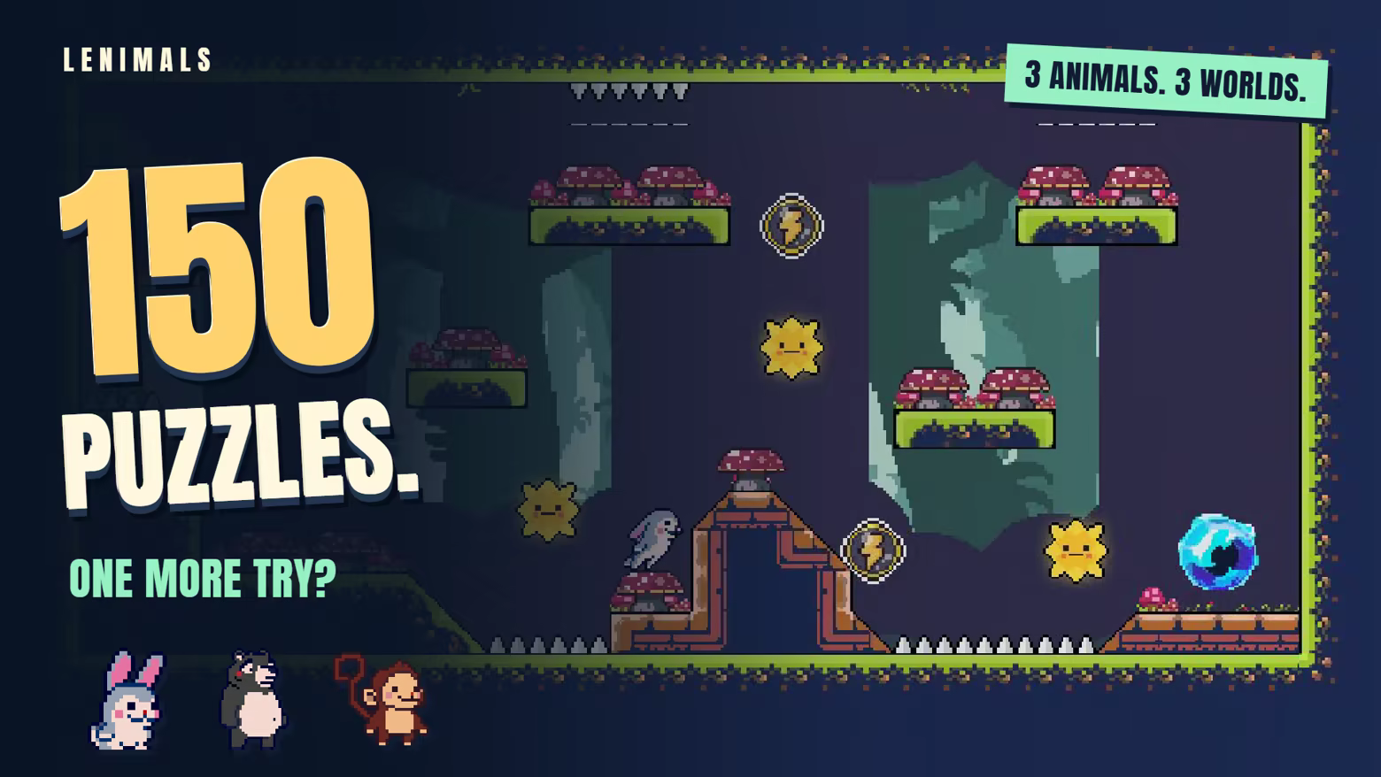 150 puzzles across three worlds, with rabbit, bear and monkey characters. Text: One more try?