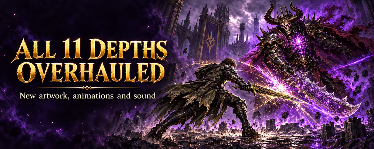Maximus battles the Fallen King beside the words All 11 Depths Overhauled: new artwork, animations and sound.