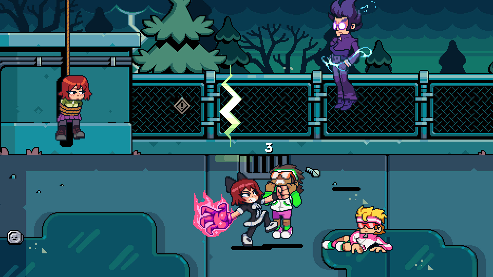 Four-player brawling in Scott Pilgrim EX, with a suspended Knives Chau and an enemy on the fence line