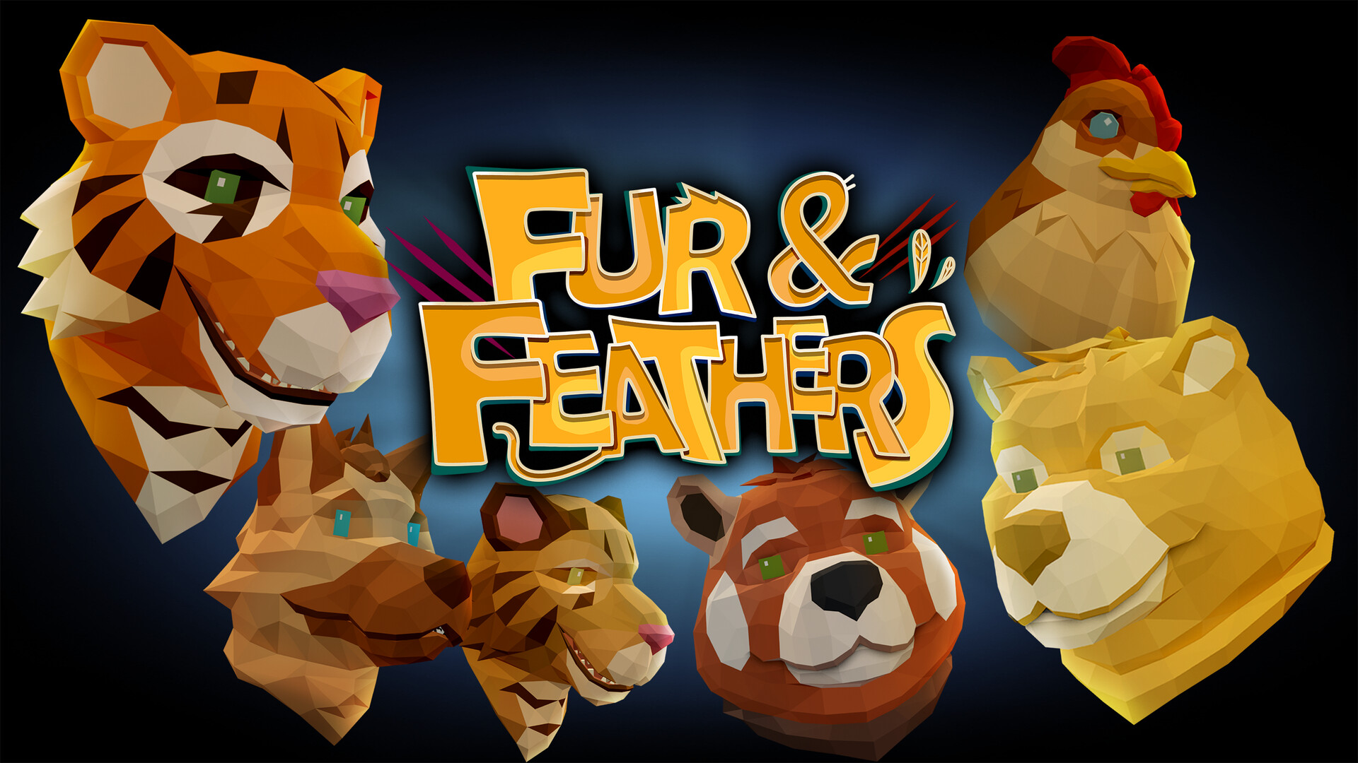 Promotional art for Walkabout Mini Golf's Fur N' Feathers cosmetic pack, showing low-poly tiger, chicken, red panda, bear and cat head avatars around the pack's logo