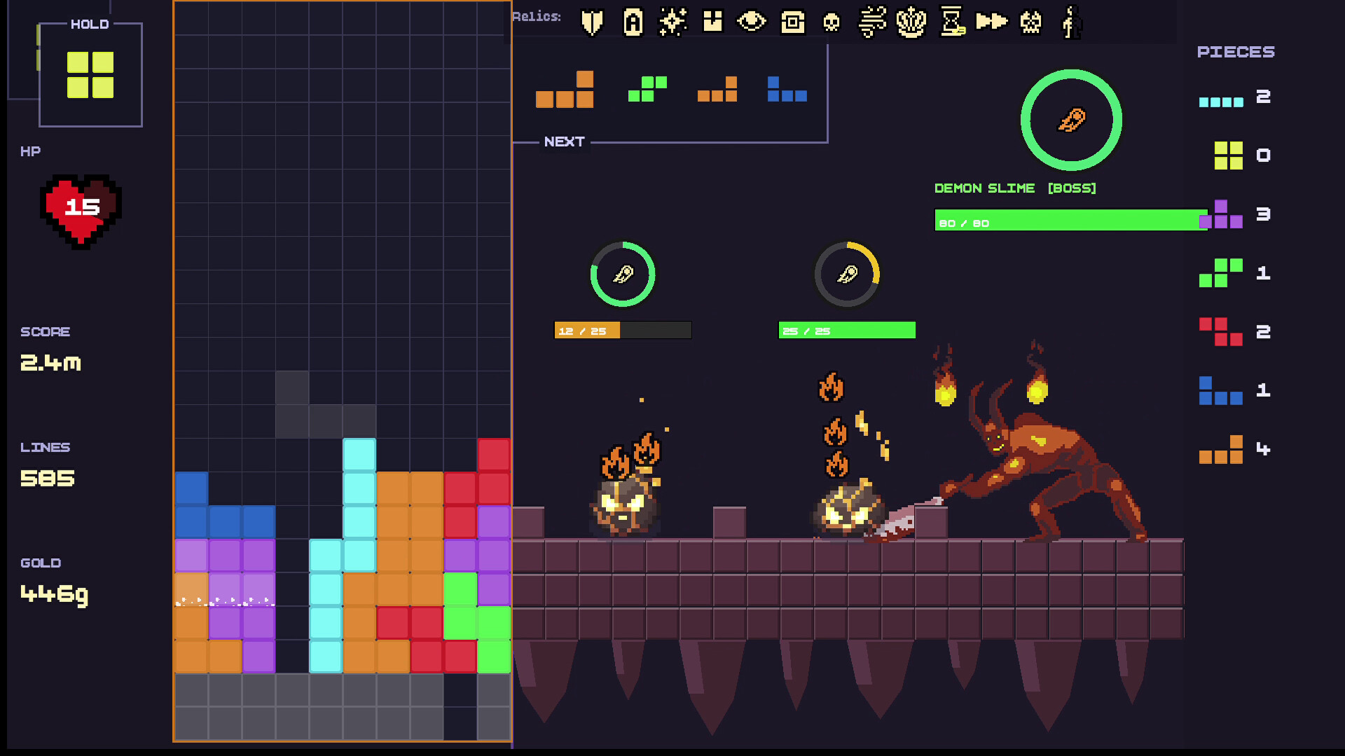 Tetrogue dungeon battle: enemies push back with special abilities while your stack grows