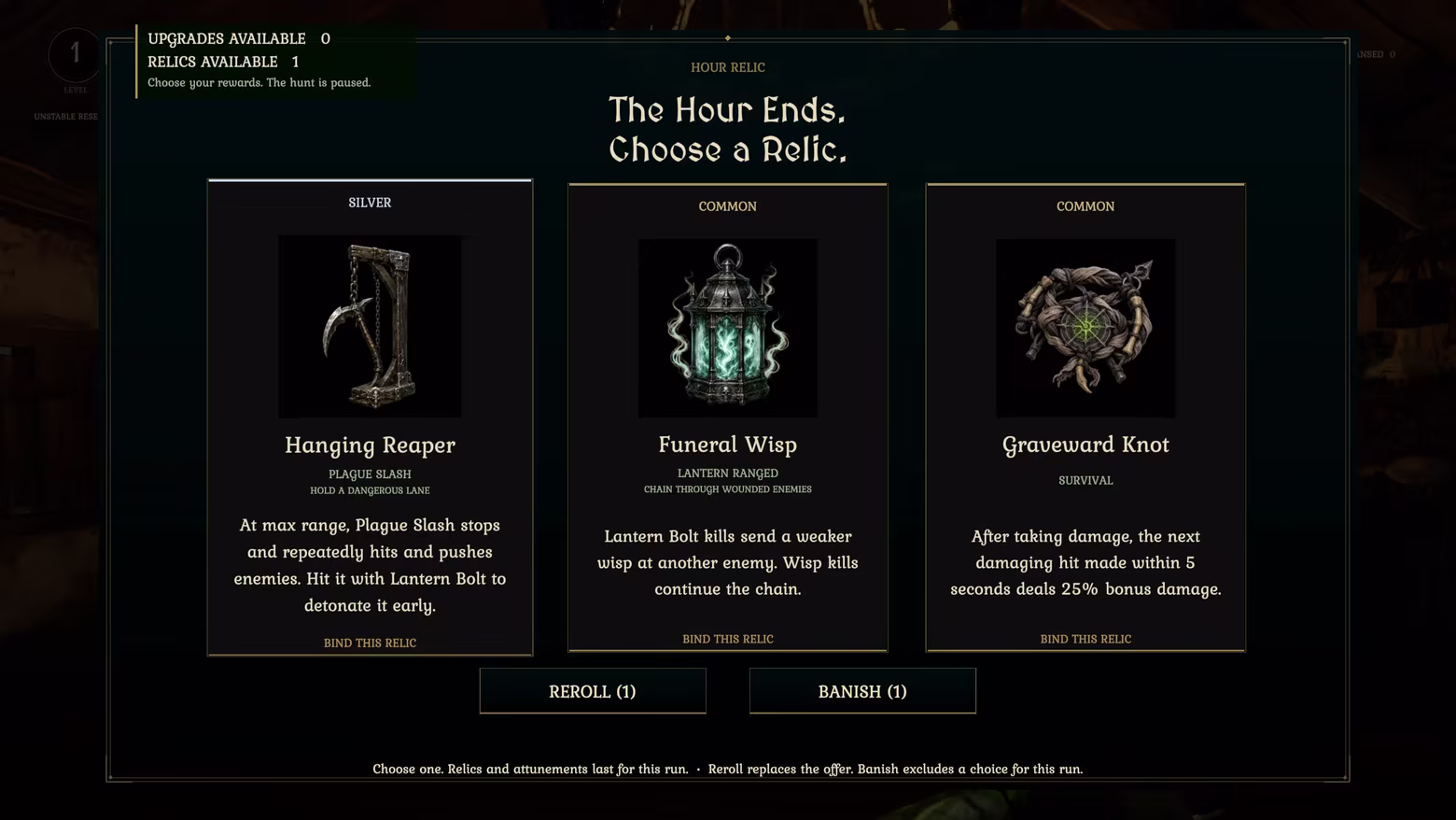 Relic selection offers Hanging Reaper, Funeral Wisp, and Graveward Knot, each with a different effect on the player’s build.