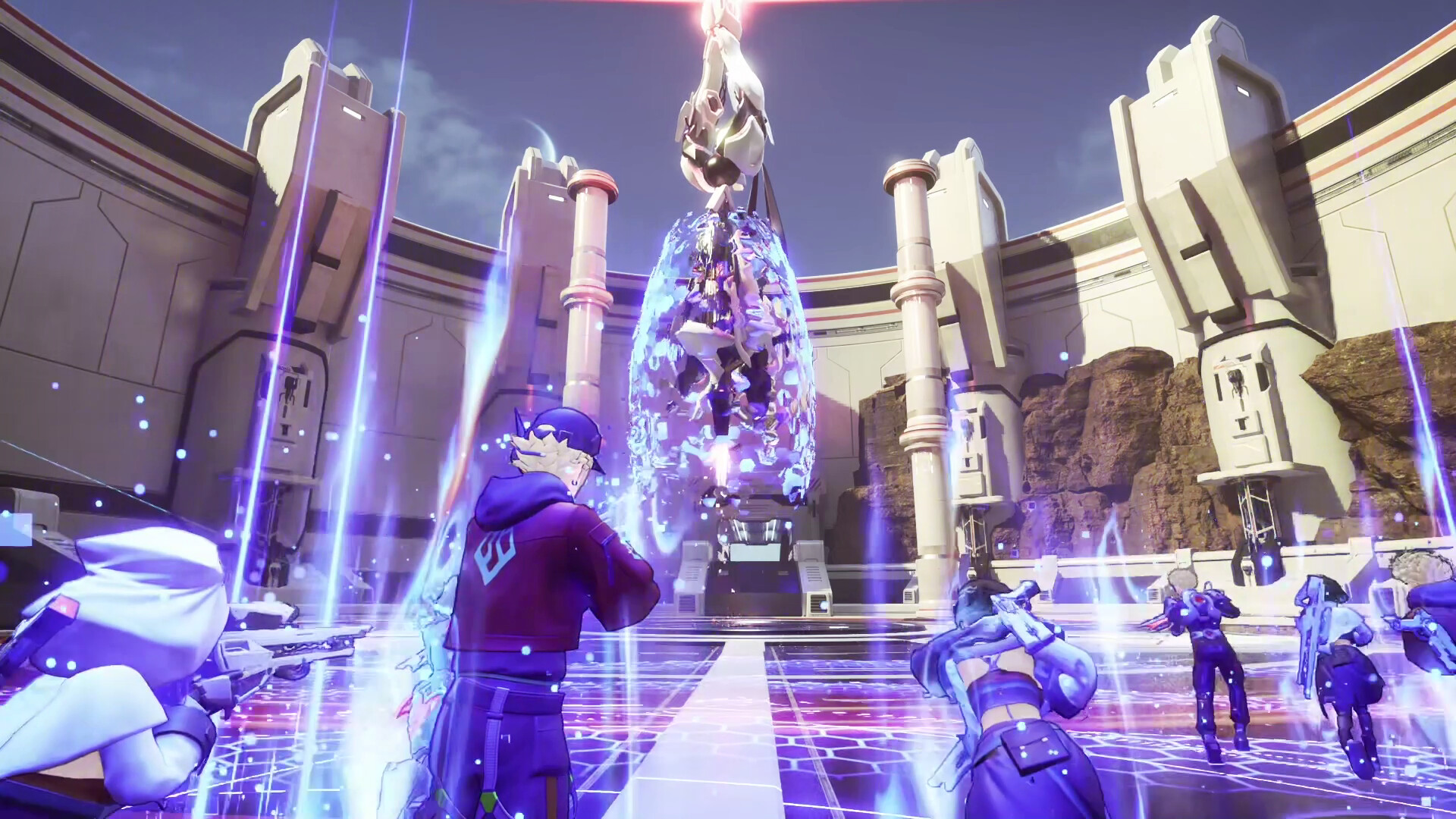 A squad of B.L.U.E. NOVA heroes closes in on a suspended crystalline objective inside a walled arena