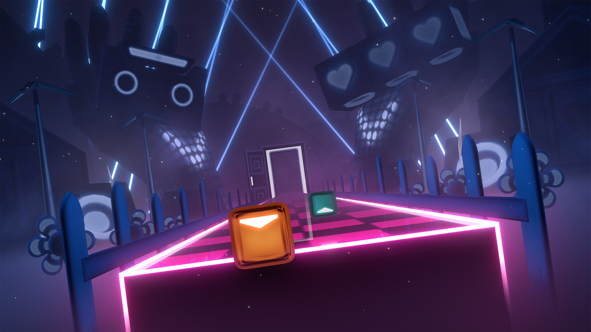 Beat Saber gameplay on the Hip Hop Mixtape 2 stage, a night-time suburban street with a house-sized boombox leaning over the road and speaker cabinets with heart-shaped grilles