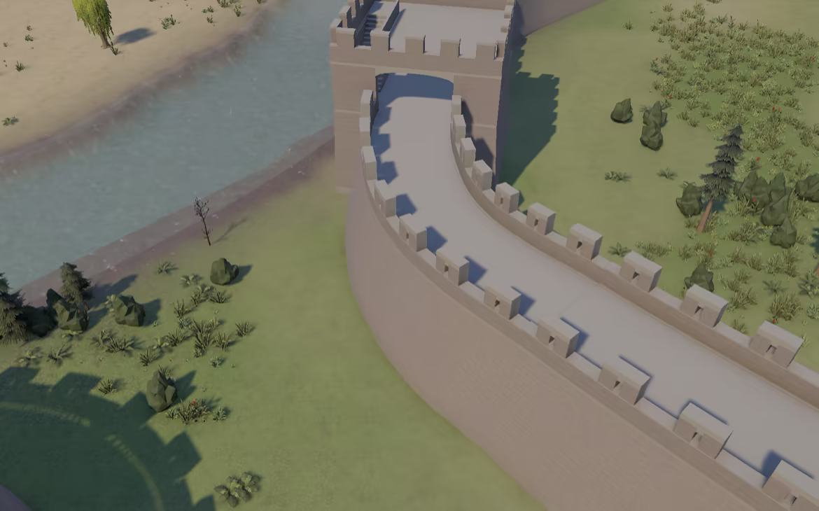 Fortifications in development: a riverside wall and hollow watchtower connected by a wall walk.
