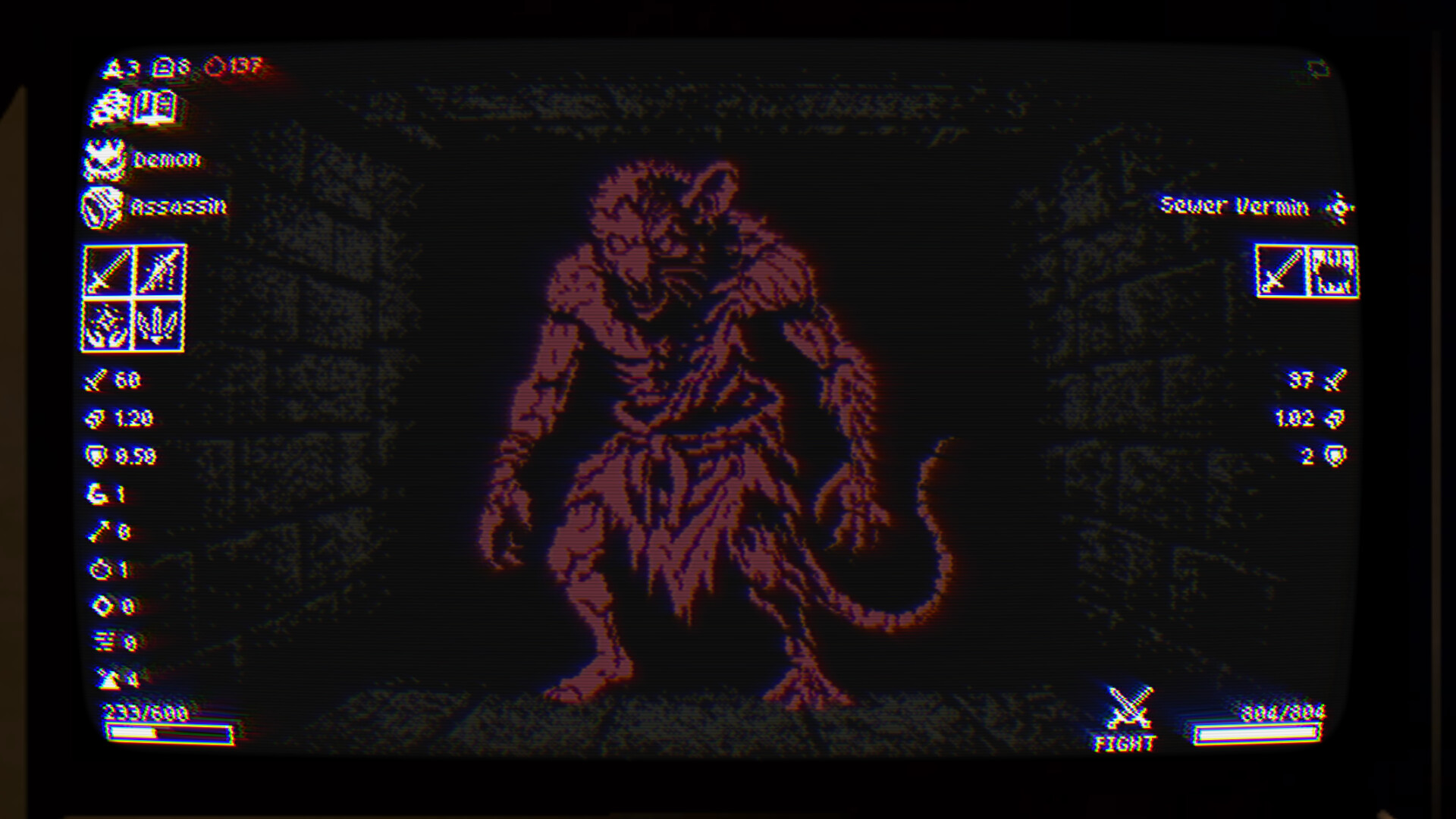 Your Debt Is Paid auto-battle screen with retro pixel fighters resolving a dungeon encounter